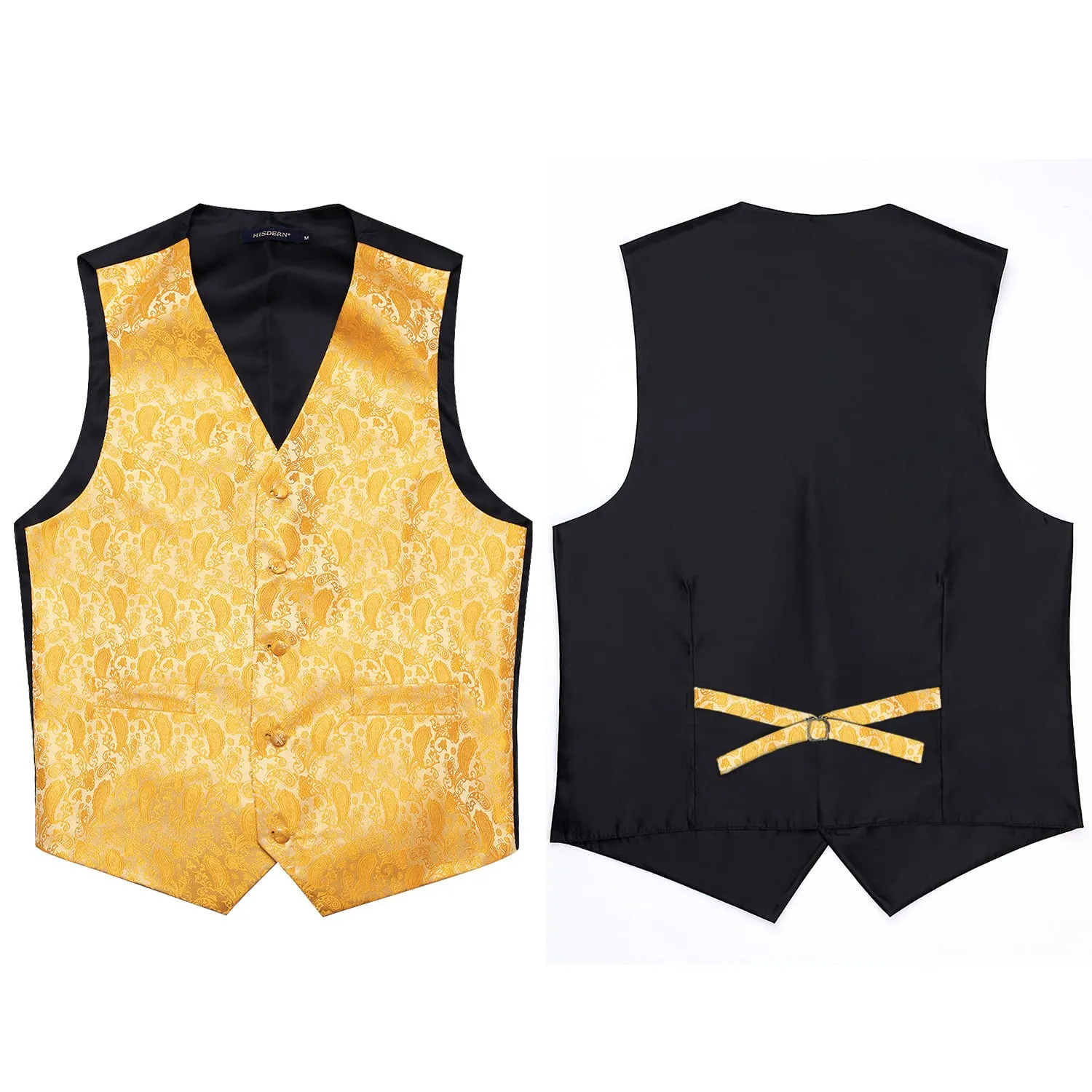 HISDERN Set Gilet da Uomo in Jacquard Paisley Giallo con Cravatta e Fazzoletto da Tasca - immagine 4