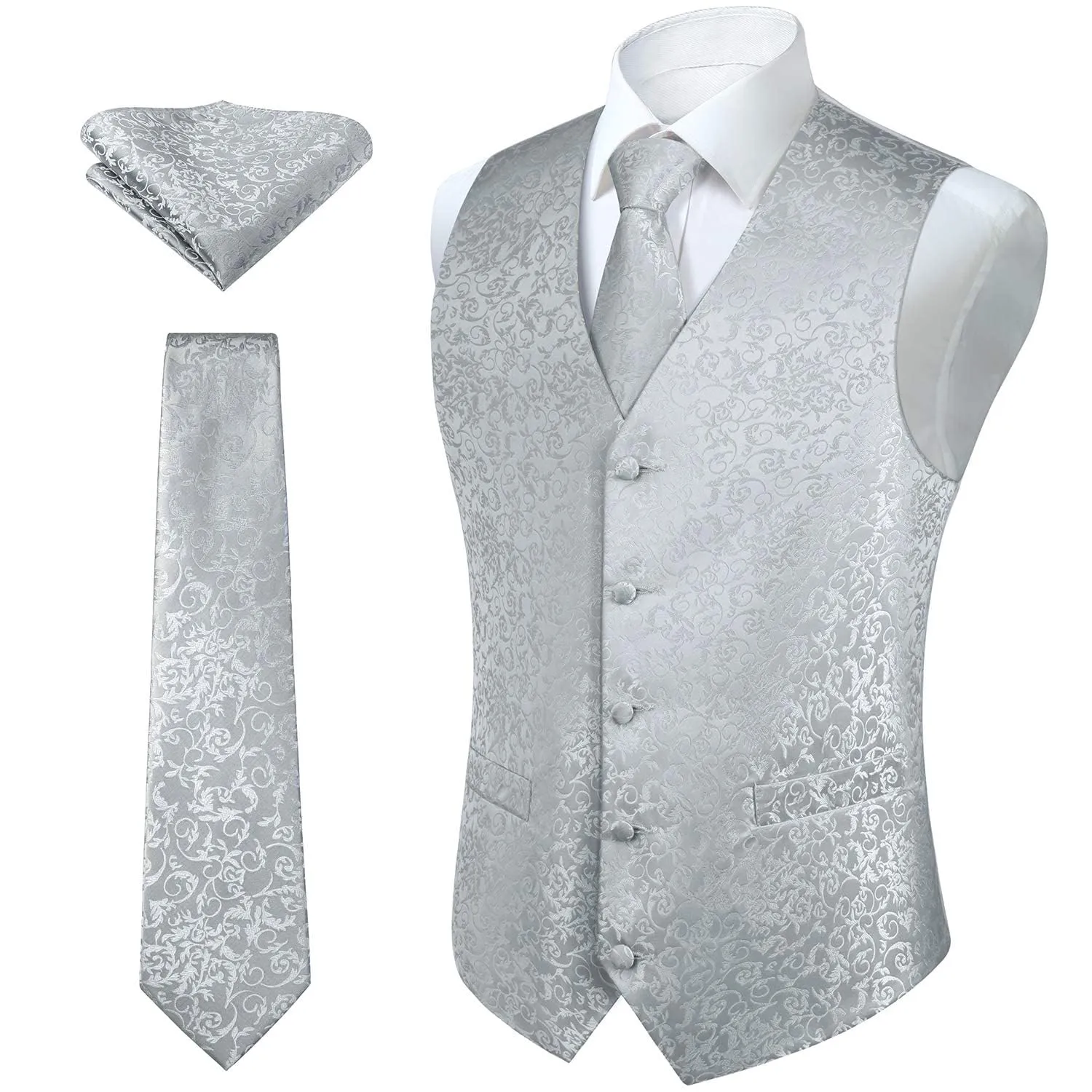 HISDERN Set Gilet e Cravatta Jacquard Paisley Floreale con Pochette, Grigio Argento, XL - immagine 1