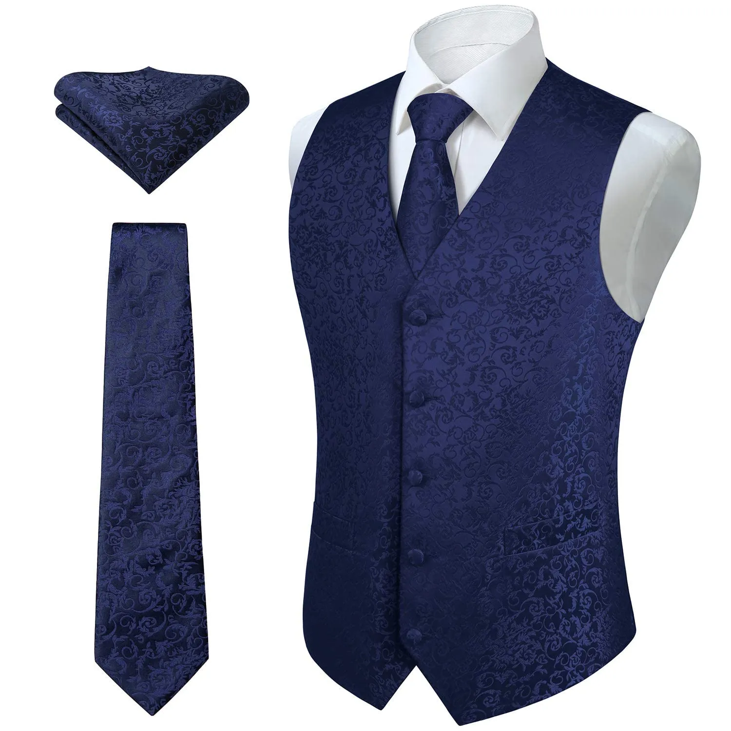 HISDERN Set Gilet e Cravatta Jacquard Paisley Floreale con Pochette, Argento Blu Marina - immagine 1