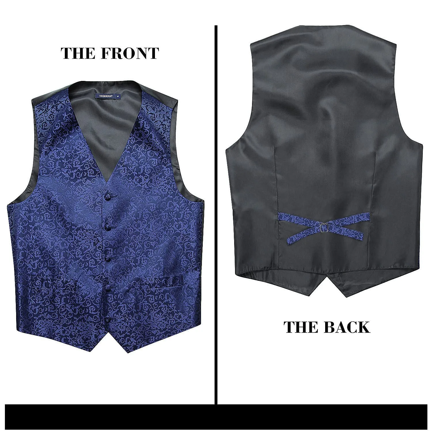 HISDERN Set Gilet e Cravatta Jacquard Paisley Floreale con Pochette, Argento Blu Marina - immagine 5