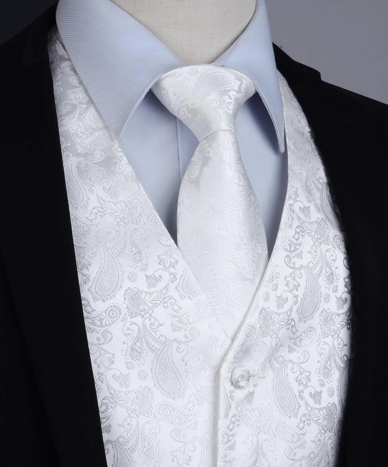 HISDERN Set Gilet da Uomo Paisley Jacquard con Cravatta e Fazzoletto Bianco - immagine 2