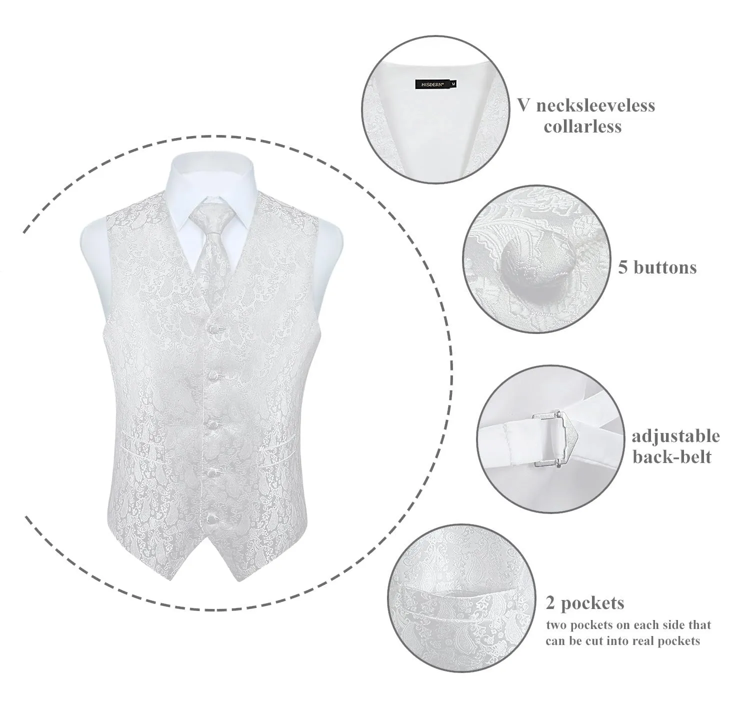 HISDERN Set Gilet da Uomo Paisley Jacquard con Cravatta e Fazzoletto Bianco - immagine 4