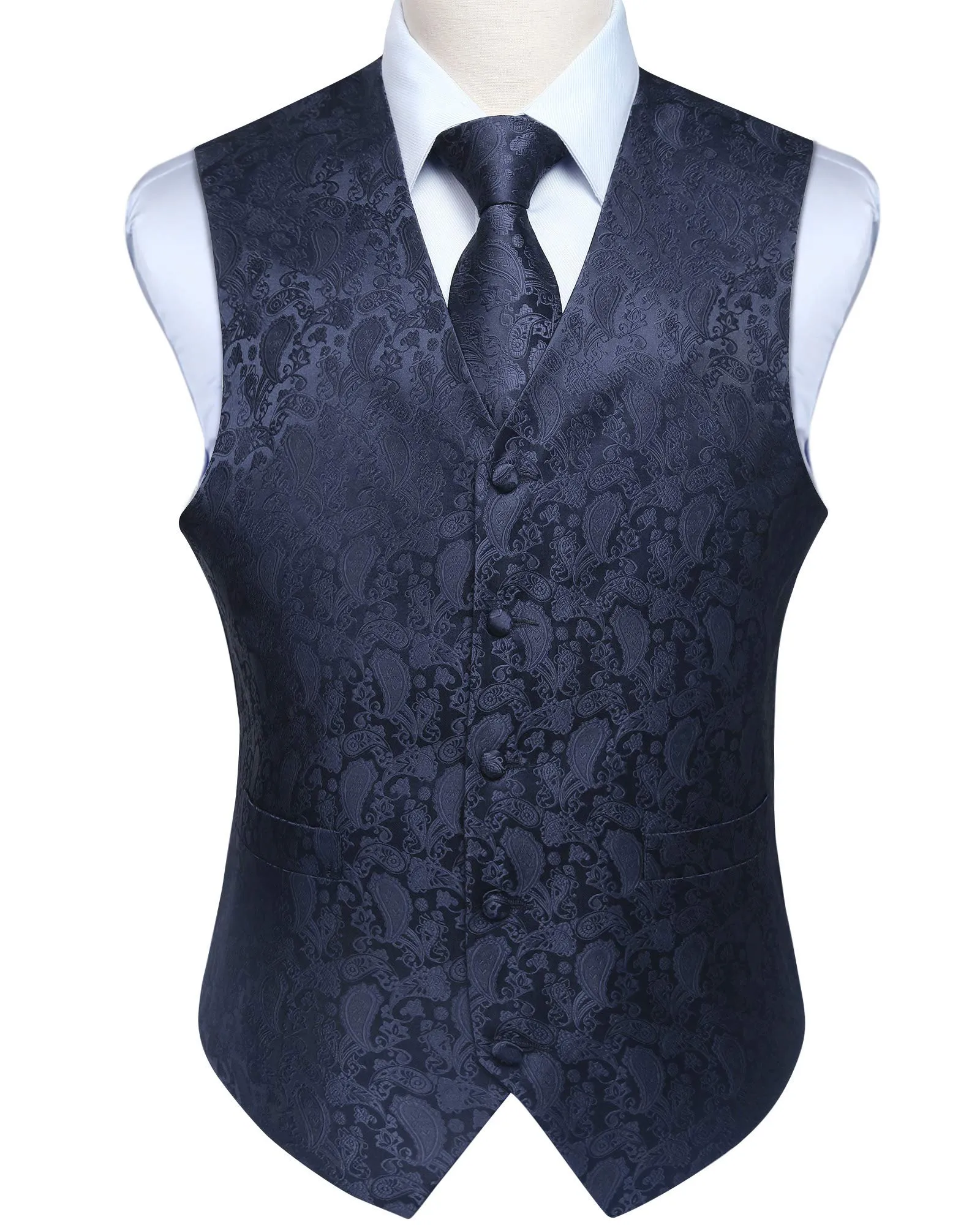 HISDERN Gilet da Uomo Paisley Jacquard con Cravatta e Fazzoletto - Blu Navy - immagine 9