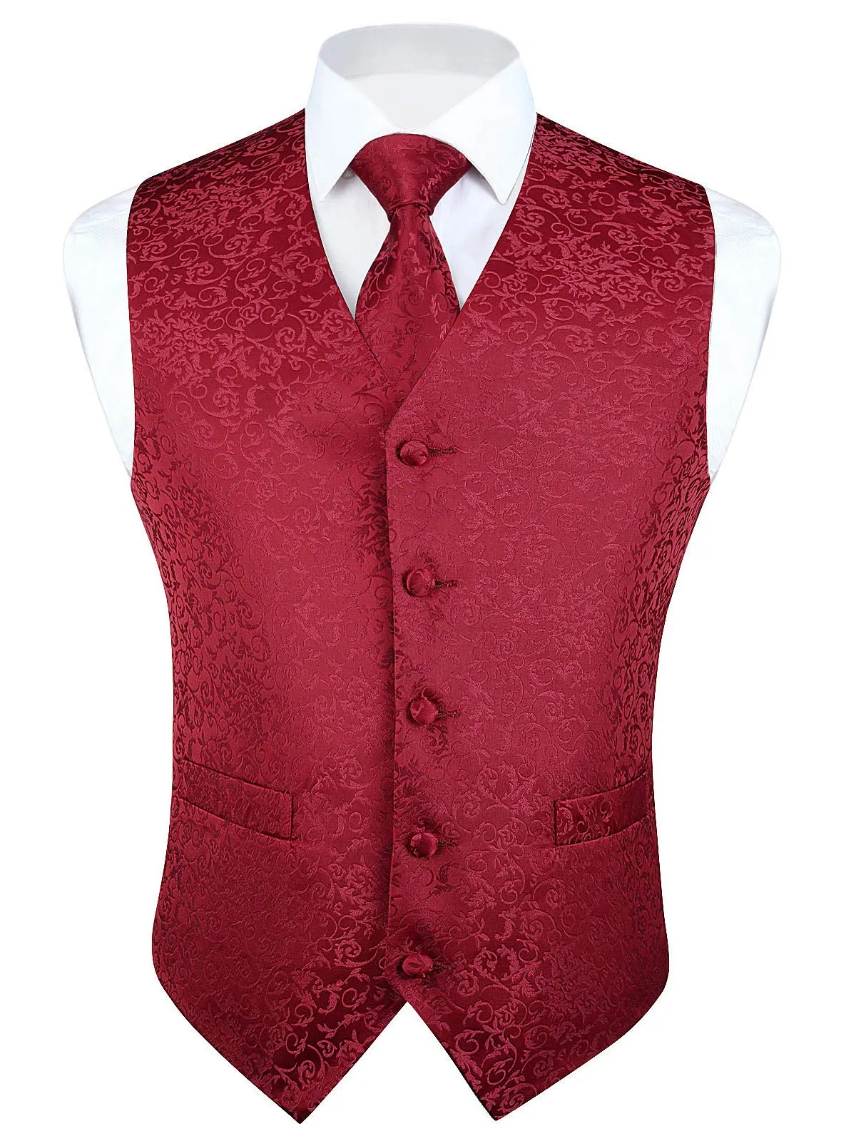HISDERN Set Gilet e Cravatta Jacquard Paisley Borgogna 2, Taglia S - immagine 1