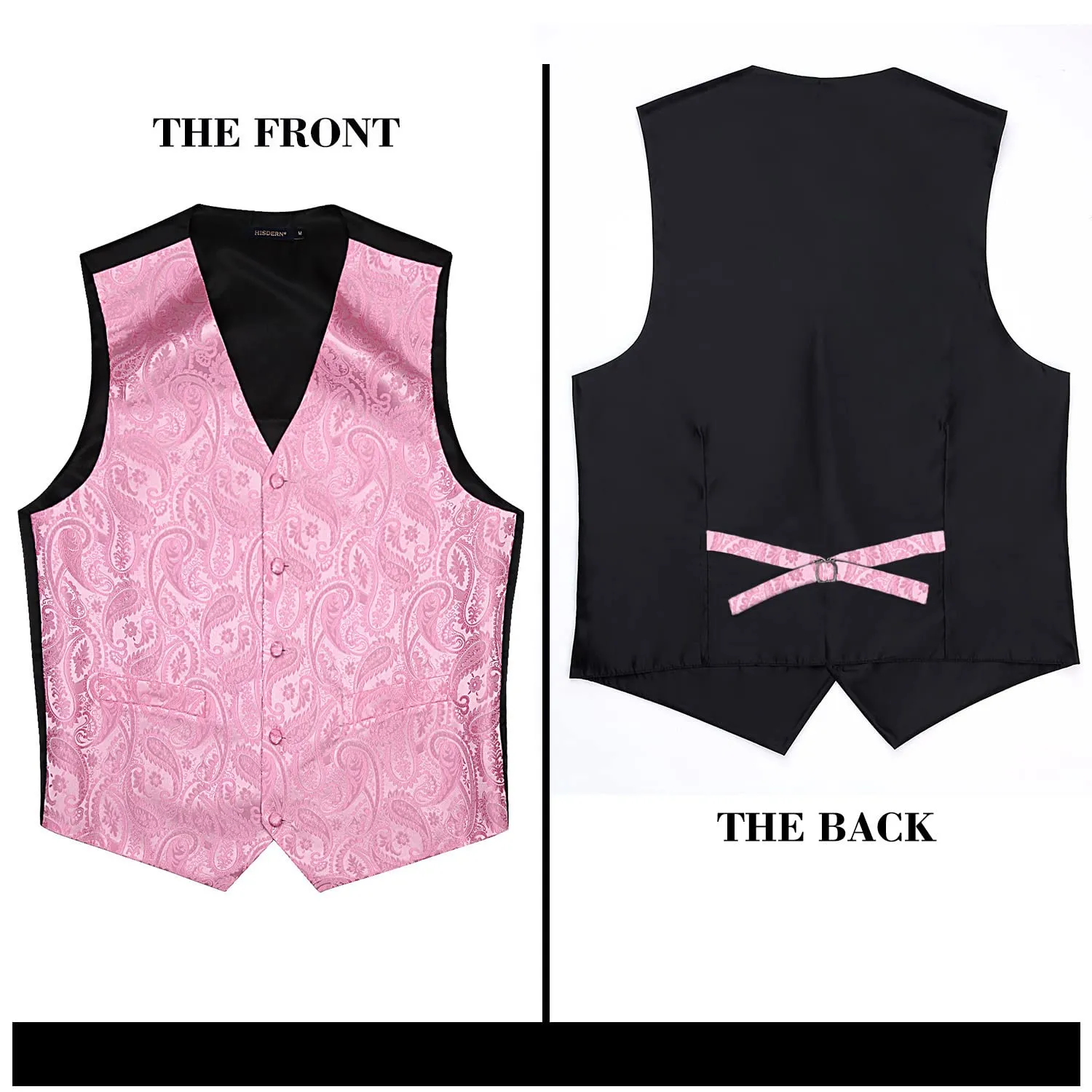 HISDERN Set Gilet da Uomo in Jacquard Paisley Floreale con Cravatta e Fazzoletto, Rosa - immagine 5