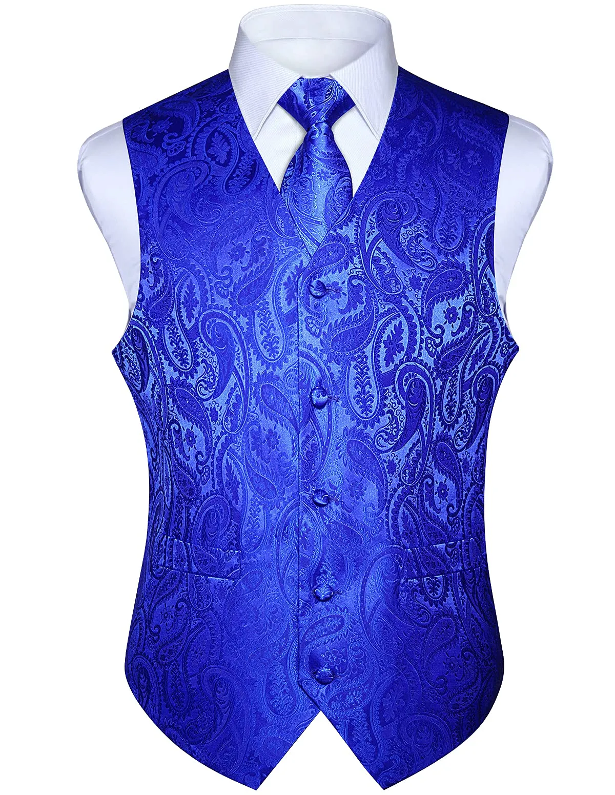 HISDERN Gilet da uomo Paisley floreale jacquard con cravatta e fazzoletto Blu Reale - immagine 1