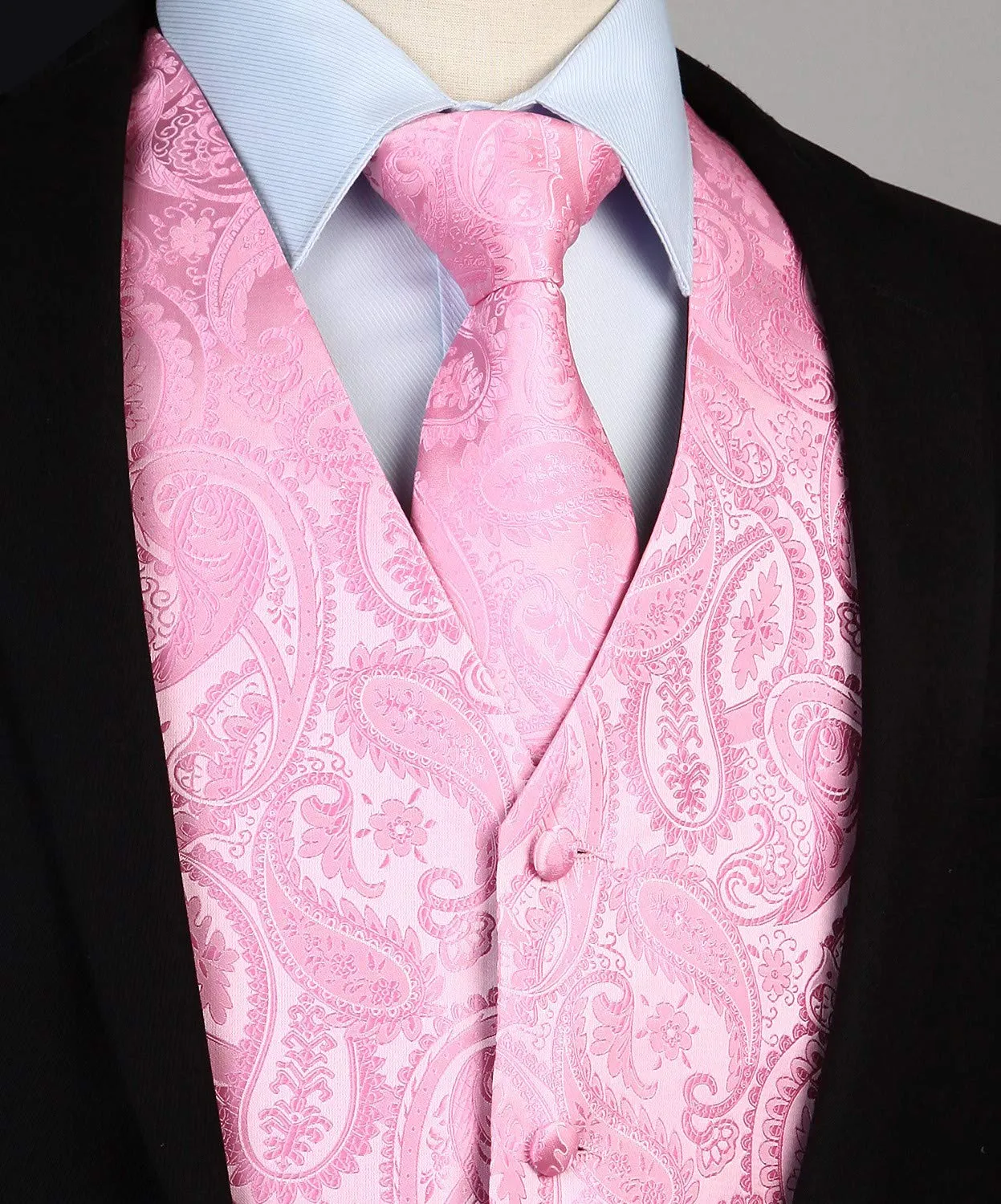 HISDERN Gilet da uomo Paisley Floreale Jacquard con Cravatta e Fazzoletto - Rosa - immagine 3