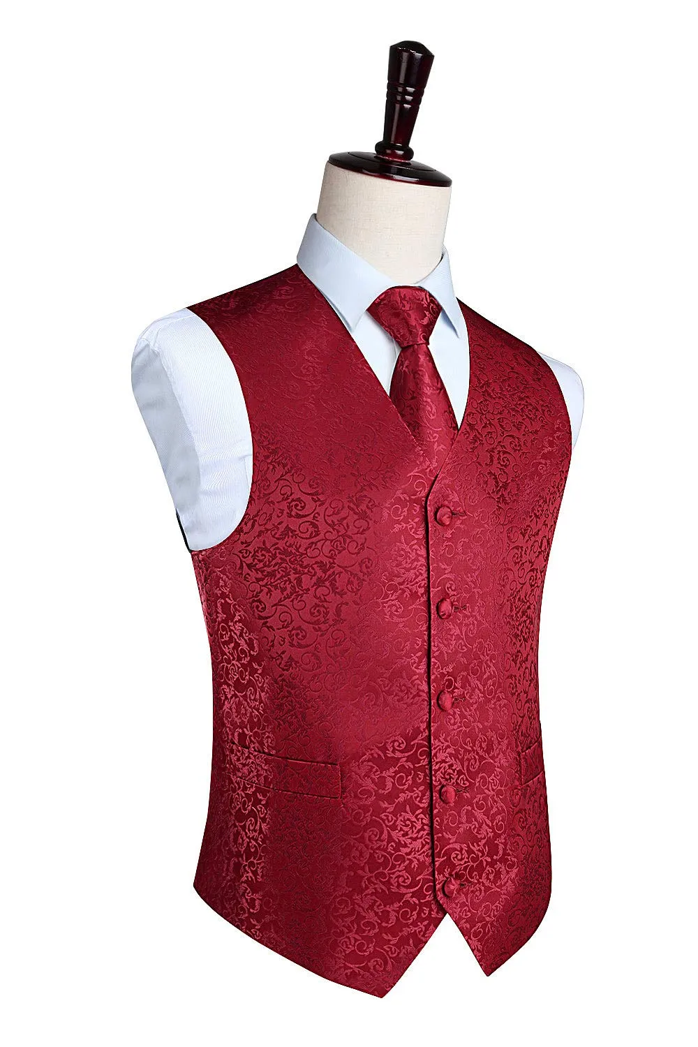 HISDERN Set Gilet e Cravatta Jacquard Paisley Floreale con Pochette, Borgogna, 2XL - immagine 7