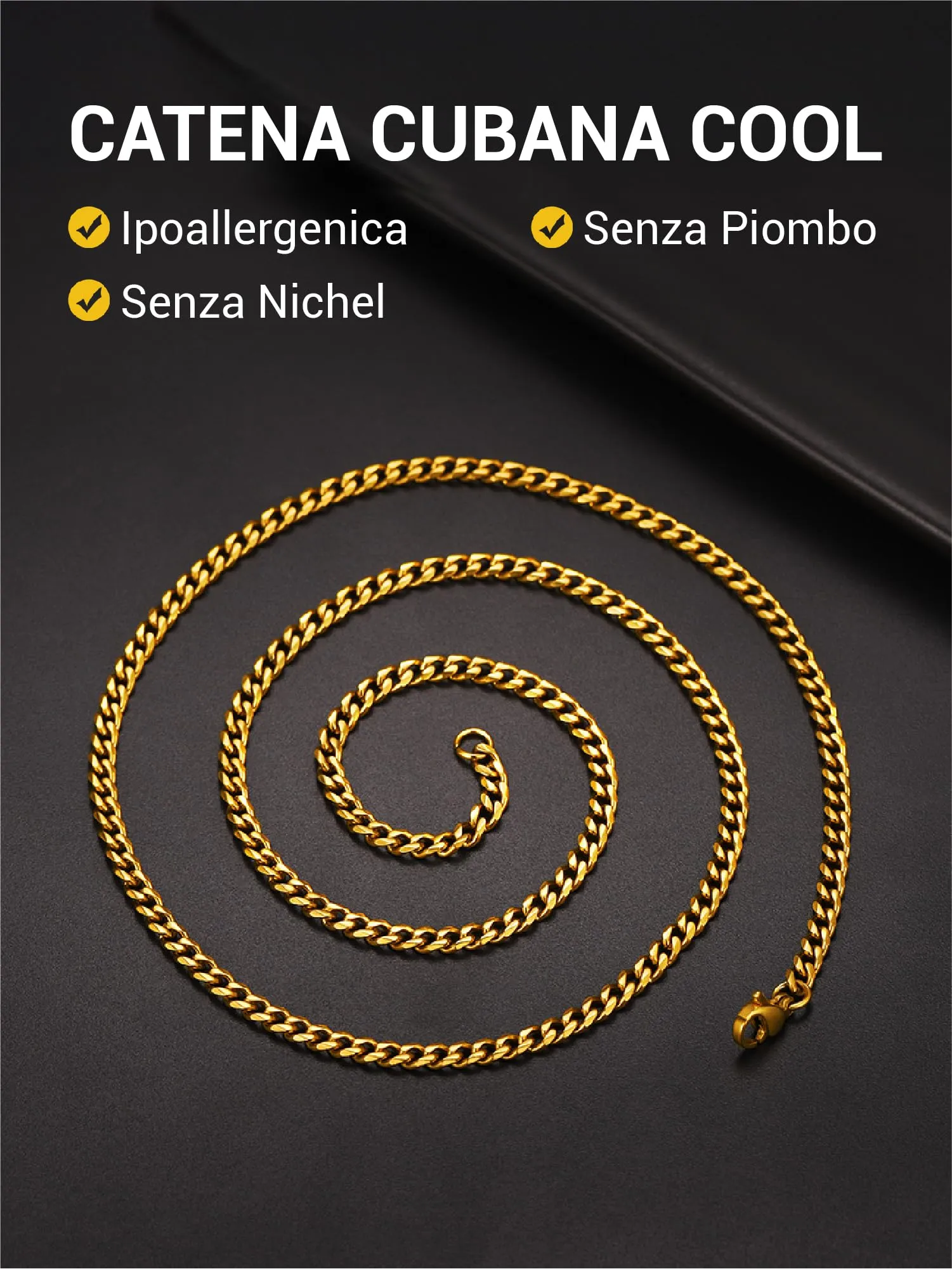 PROSTEEL Collana Uomo a Catena Cubana, 3 mm, 45 cm, Acciaio Inossidabile Placcato Oro 18K - immagine 4