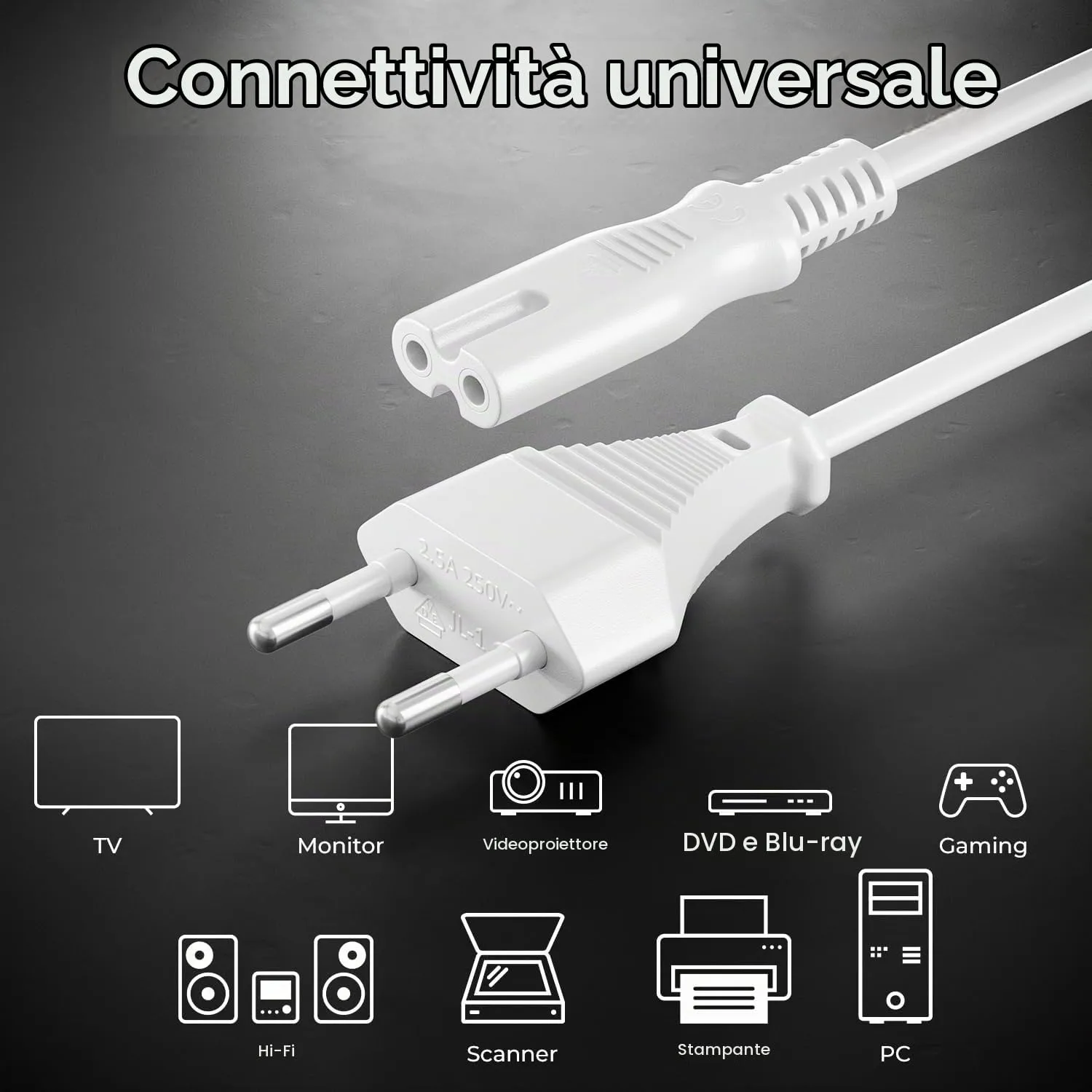 deleyCON Cavo di Alimentazione 1,5m Spina Europlug a Presa C7 - Bianco - immagine 6
