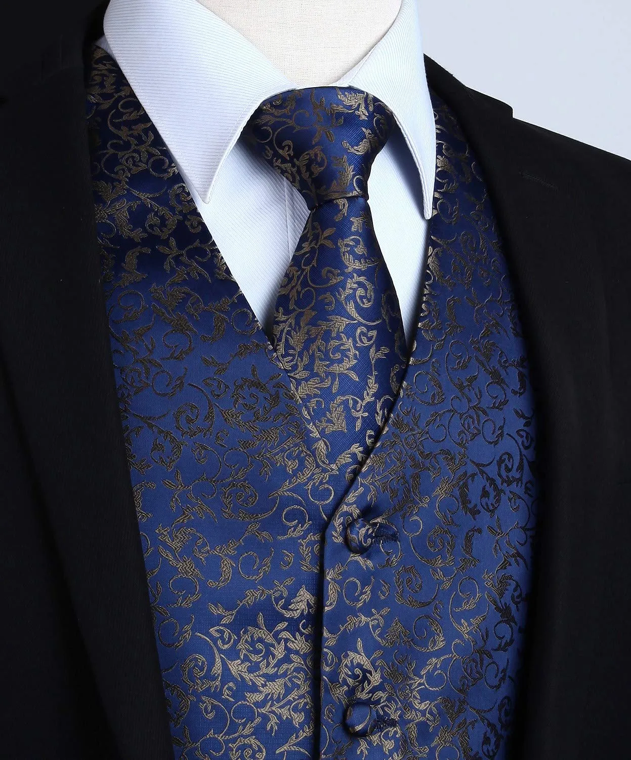 HISDERN Set Gilet da Uomo in Jacquard Paisley con Cravatta e Fazzoletto - Blu Navy - immagine 2