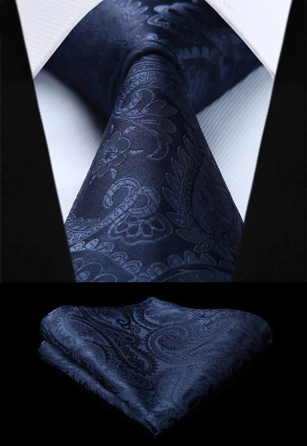 HISDERN Gilet da uomo Paisley Jacquard con Cravatta e Fazzoletto Blu Navy - immagine 2