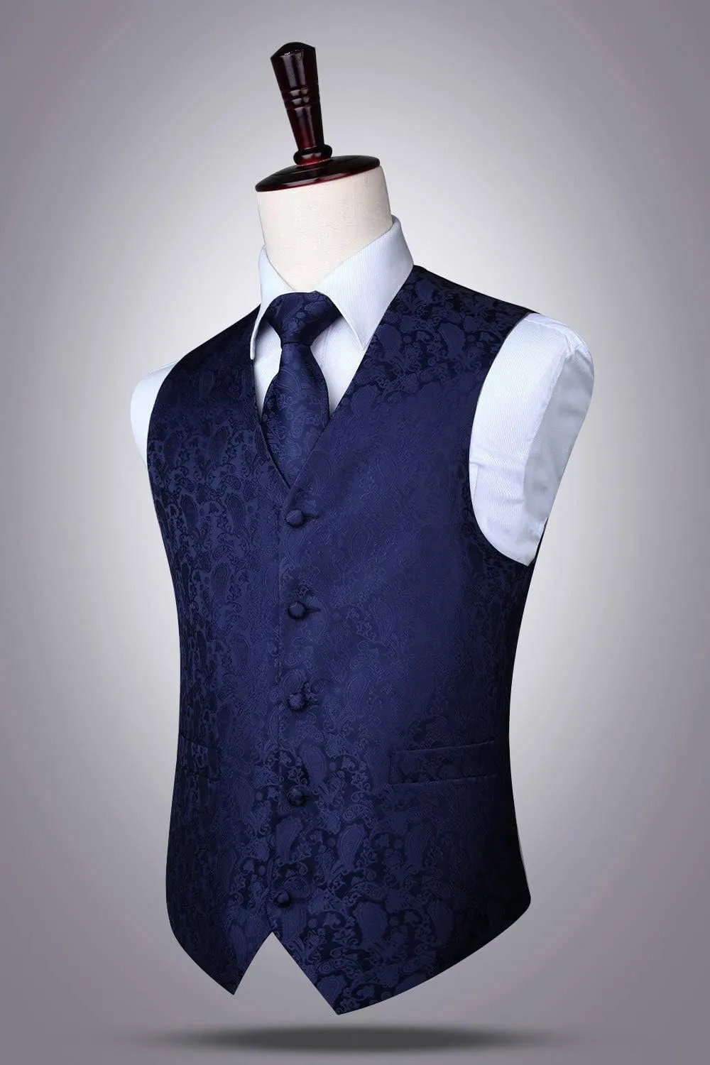 HISDERN Gilet da uomo Paisley Jacquard con Cravatta e Fazzoletto, Blu Navy - immagine 6