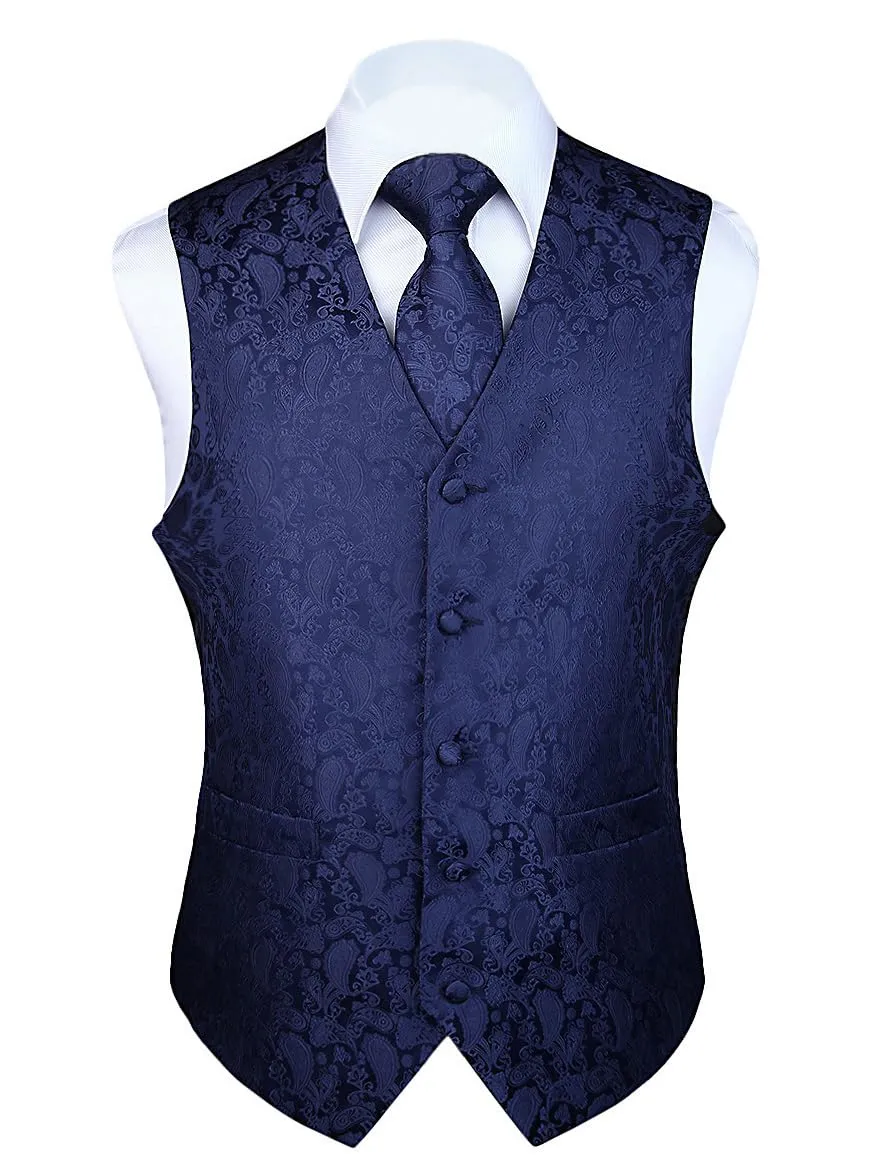 HISDERN Gilet da uomo Paisley jacquard con cravatta e fazzoletto, Blu navy - immagine 1