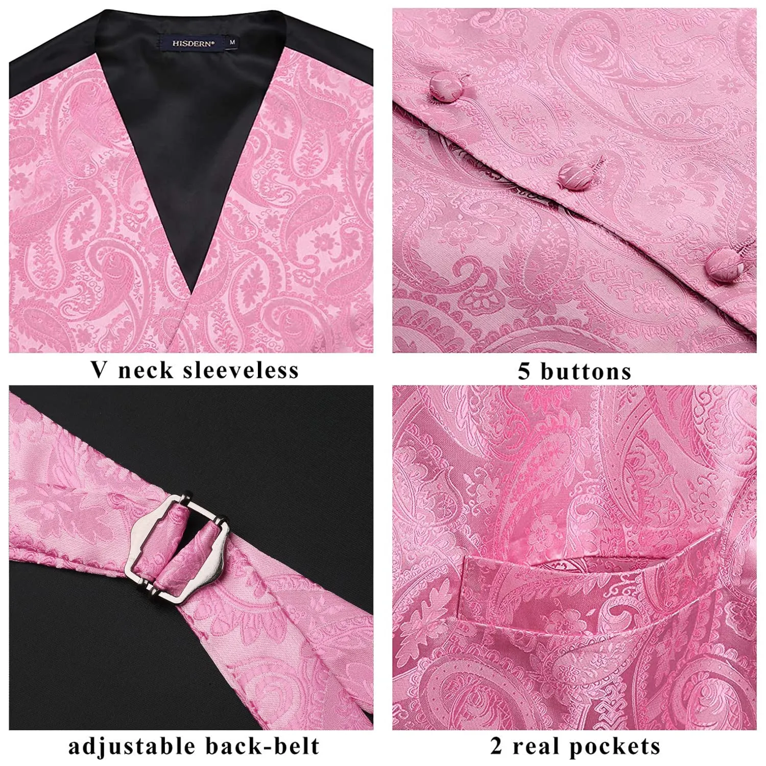HISDERN Set Gilet da Uomo in Jacquard Paisley Floreale con Cravatta e Fazzoletto, Rosa - immagine 4