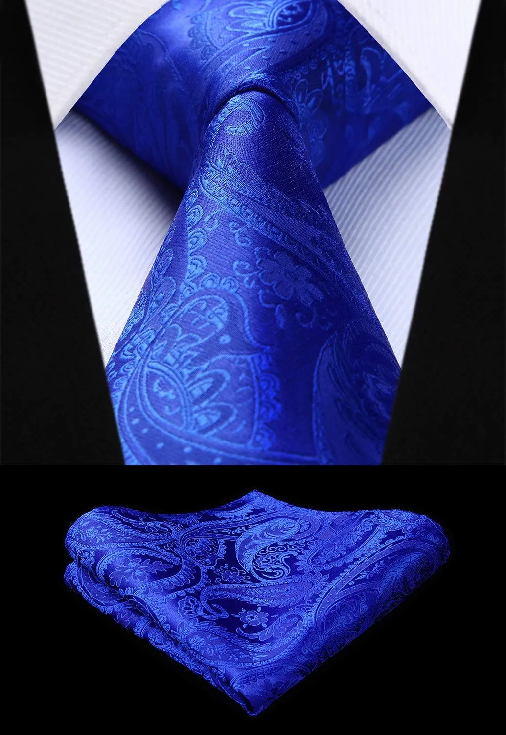 HISDERN Gilet da Uomo in Jacquard Paisley con Cravatta e Fazzoletto - Blu Reale - immagine 2
