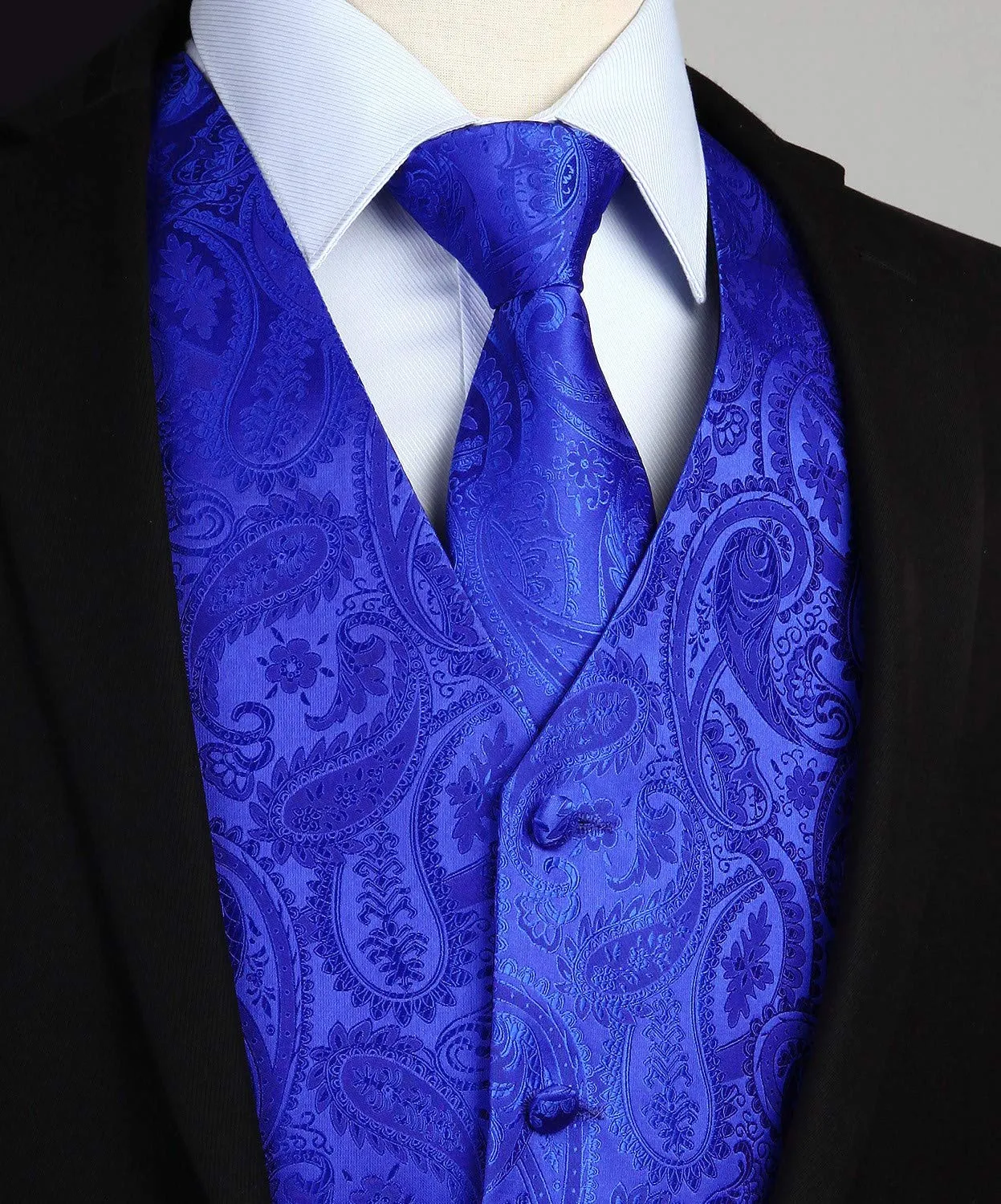HISDERN Gilet da Uomo in Jacquard Paisley con Cravatta e Fazzoletto - Blu Reale - immagine 3