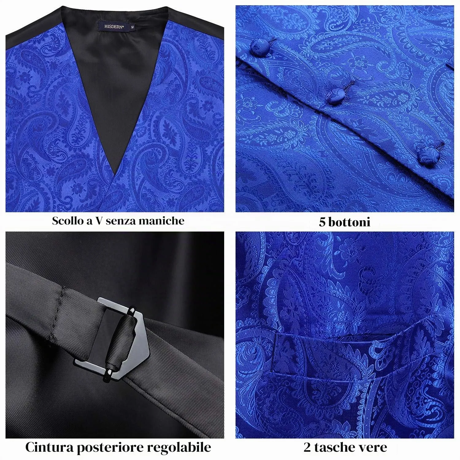HISDERN Gilet da Uomo in Jacquard Paisley con Cravatta e Fazzoletto - Blu Reale - immagine 4