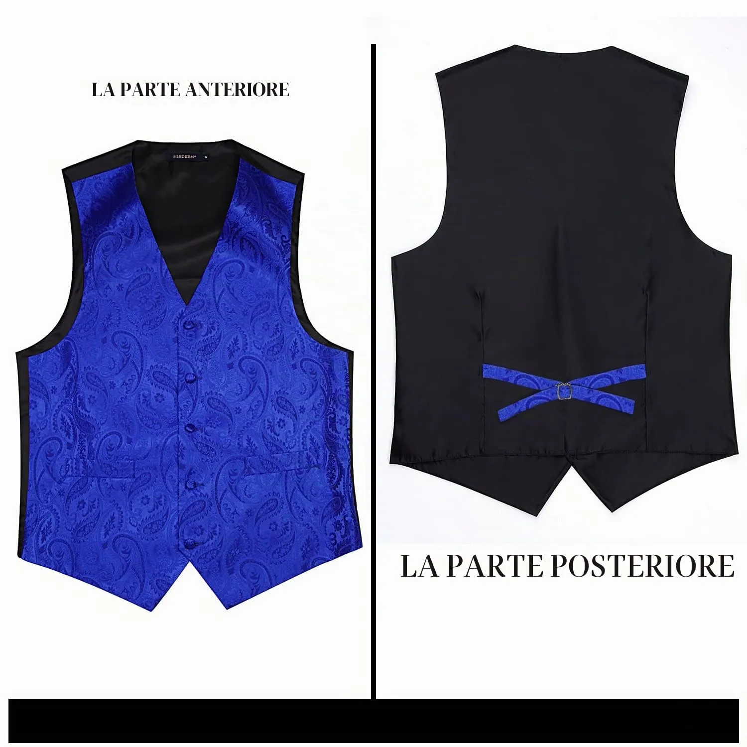 HISDERN Gilet da Uomo in Jacquard Paisley con Cravatta e Fazzoletto - Blu Reale - immagine 5