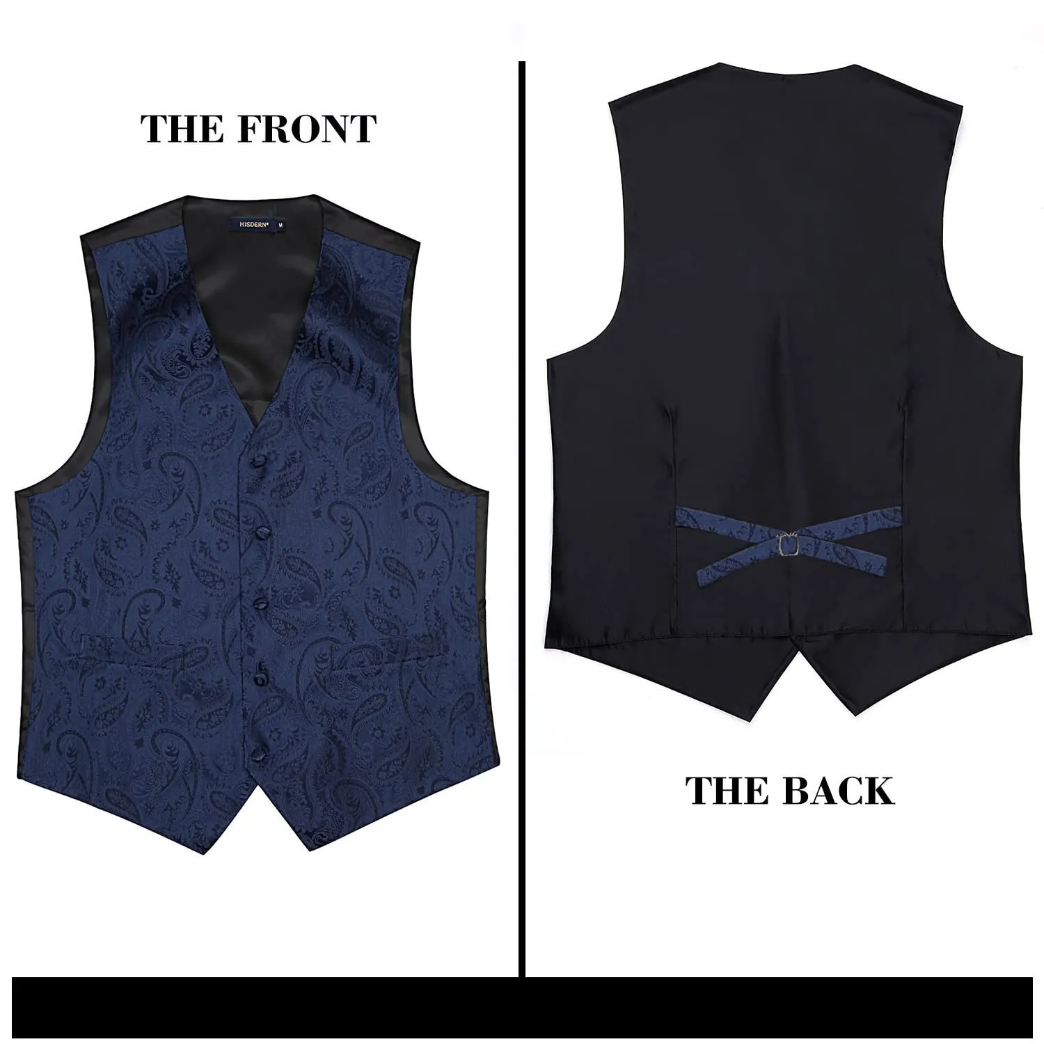 HISDERN Gilet da uomo Paisley Jacquard con Cravatta e Fazzoletto, Blu Navy - immagine 5