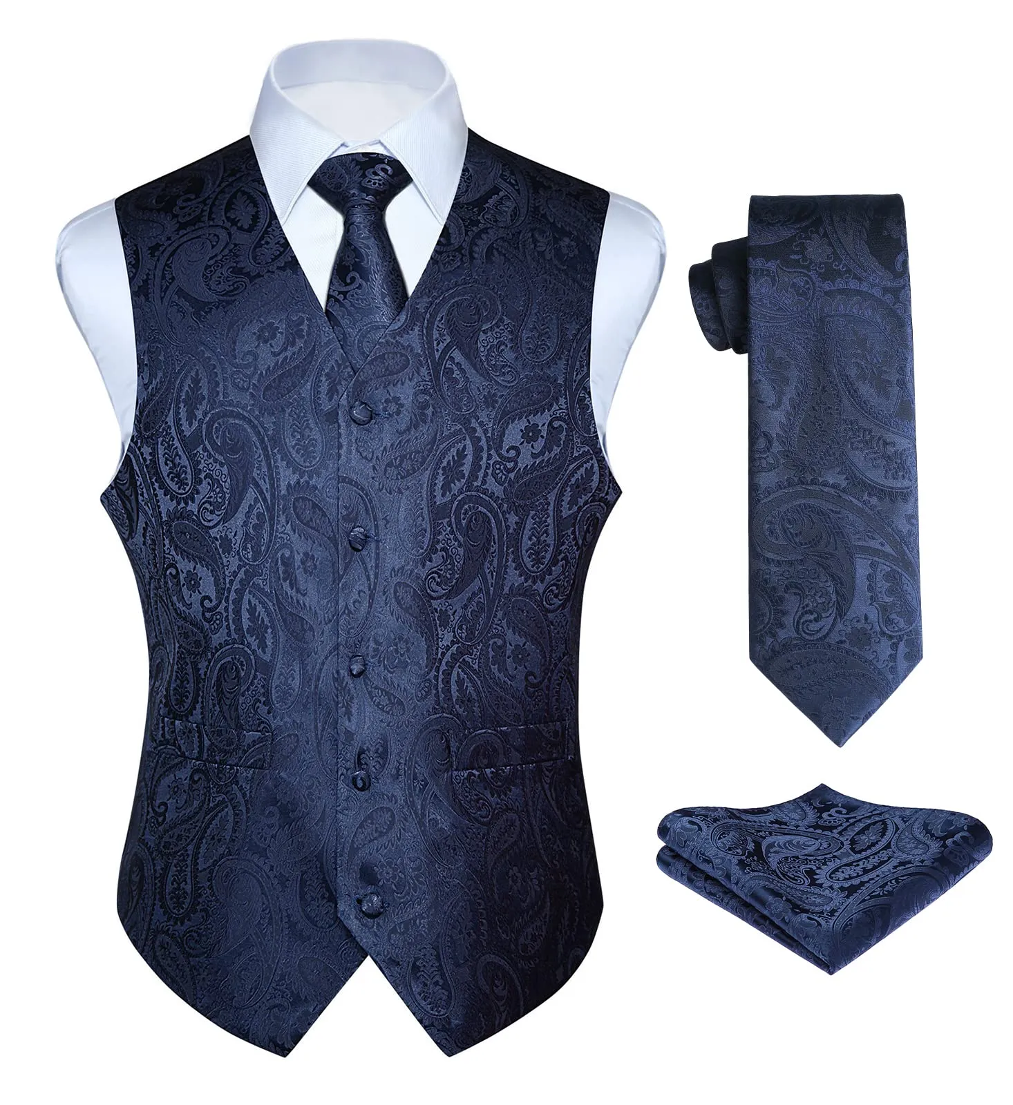 HISDERN Gilet da uomo Paisley floreale jacquard con cravatta e fazzoletto, Blu navy - immagine 7