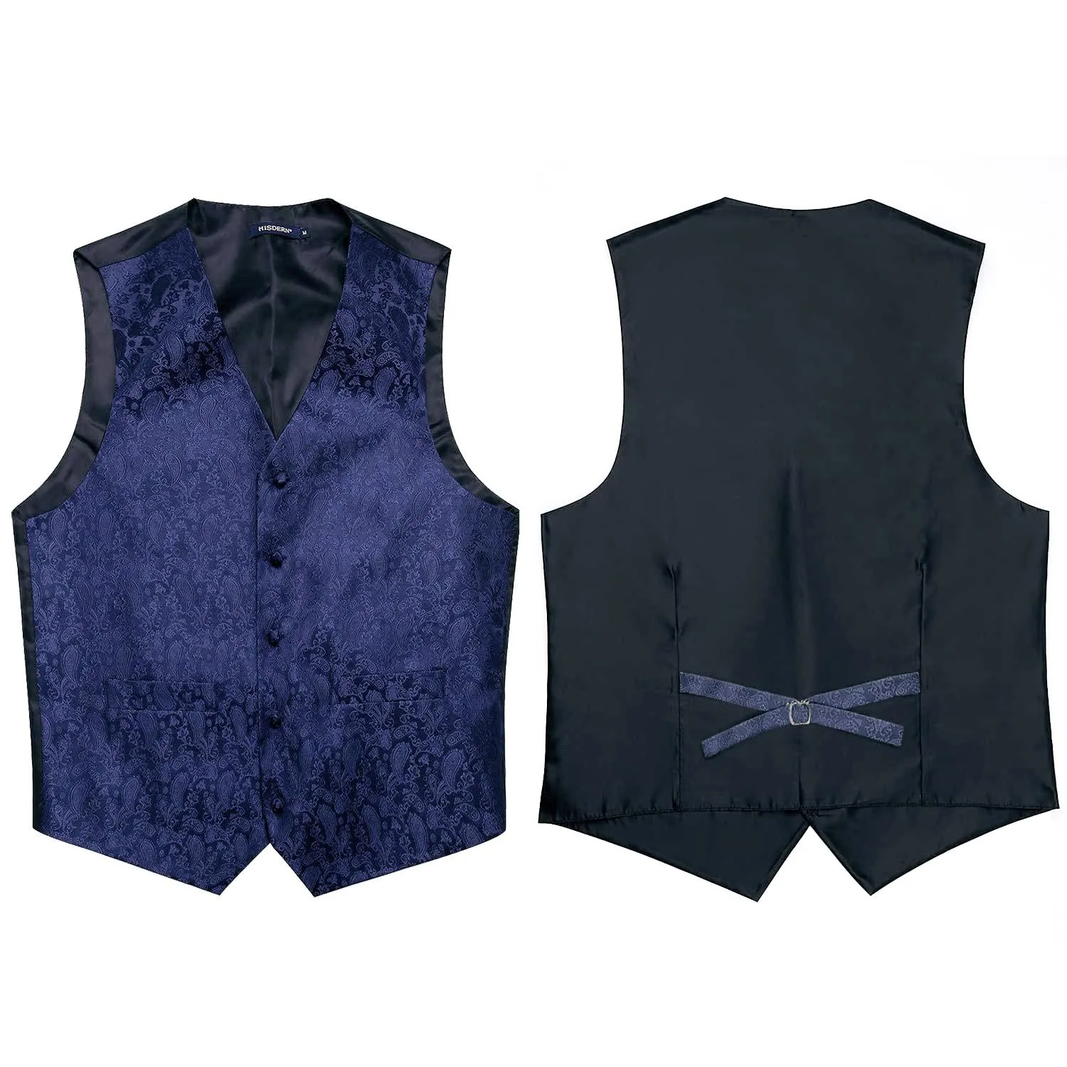 HISDERN Gilet da uomo Paisley Jacquard con Cravatta e Fazzoletto, Blu Navy - immagine 4