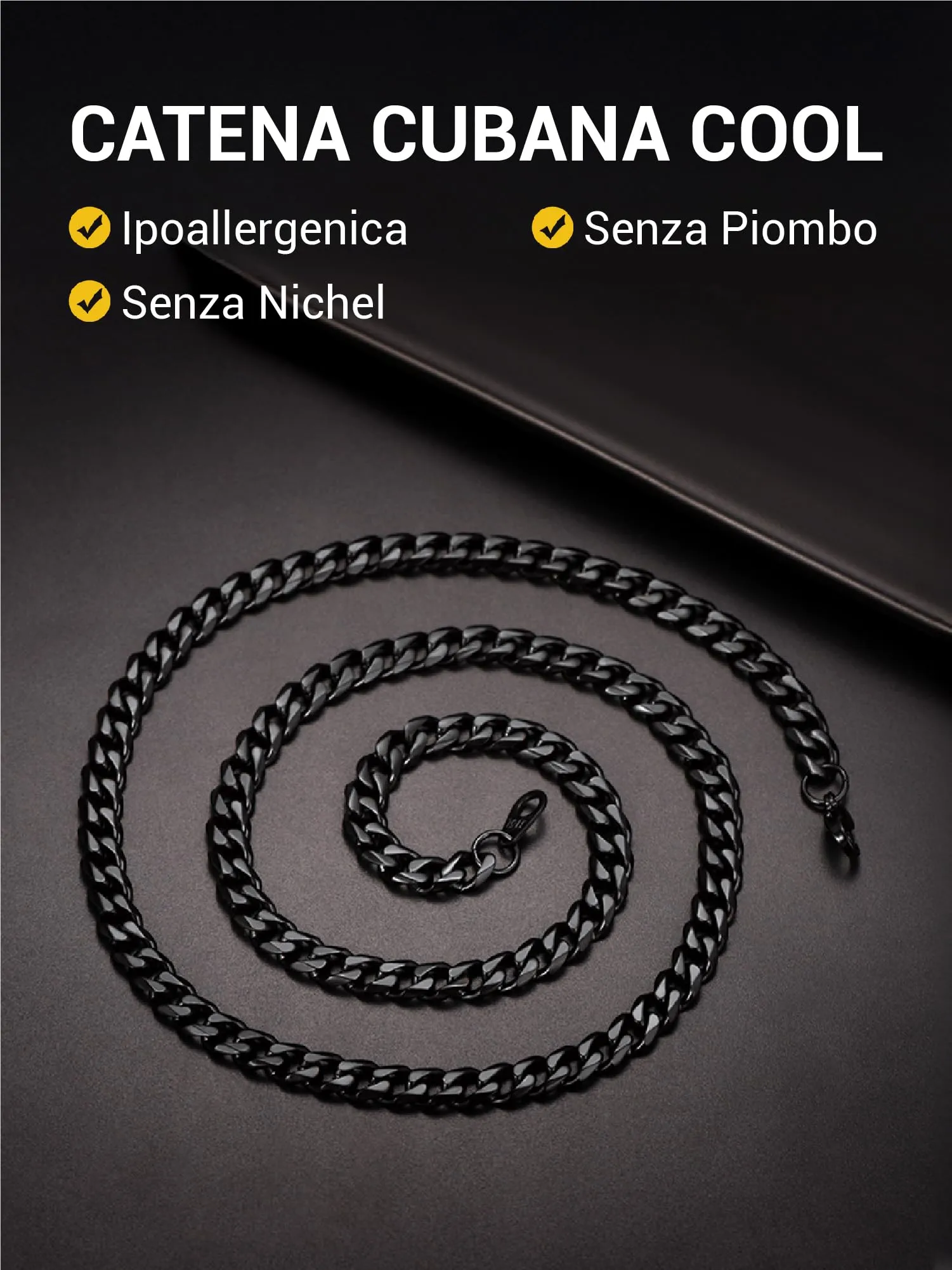 PROSTEEL Collana a Catena Cubana Uomo, 6 mm, 70 cm, Acciaio Inossidabile, Nero - immagine 4