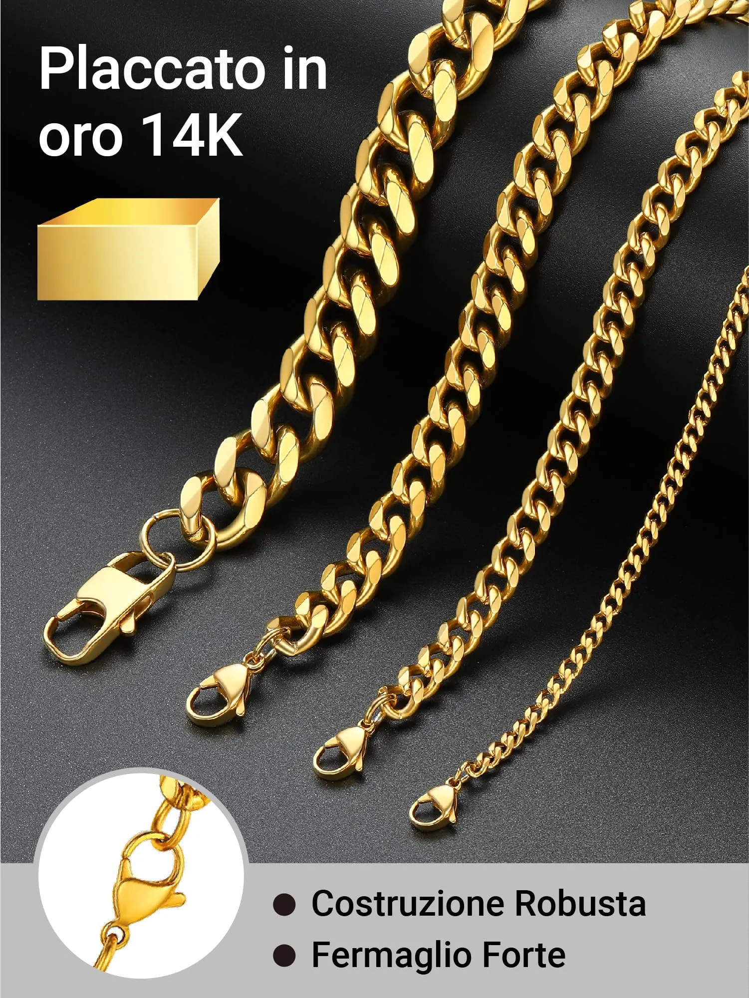 PROSTEEL Collana a Catena Cubana Uomo, 3 mm, 60 cm, Acciaio Inossidabile Placcato Oro 18K - immagine 6