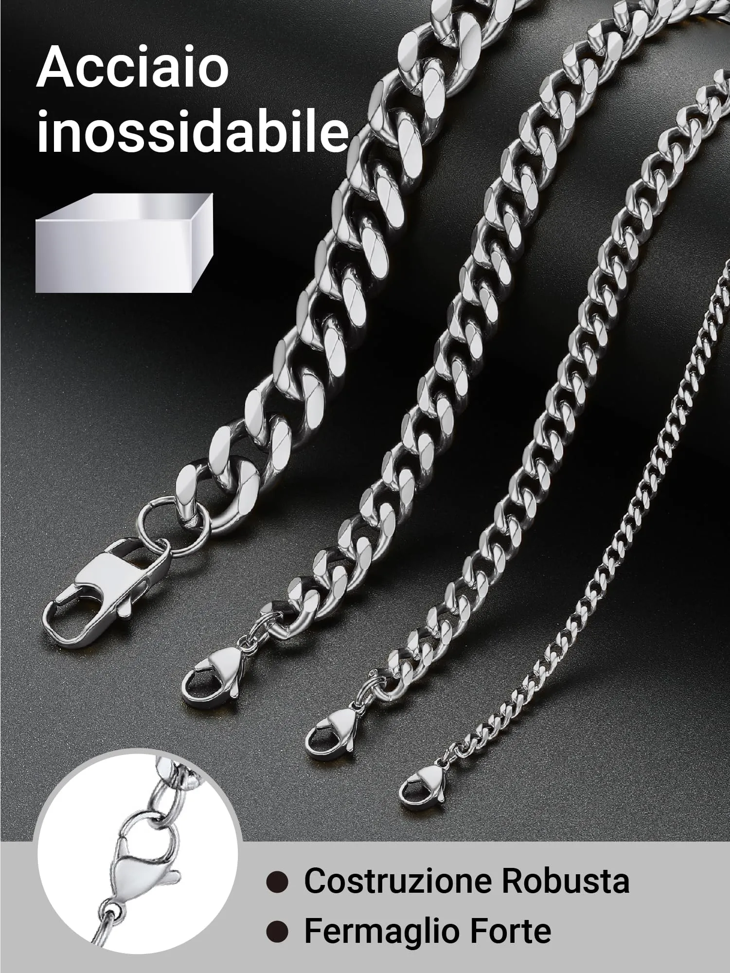 PROSTEEL Collana a Catena Cubana Uomo, 12 mm, 70 cm, Acciaio Inossidabile, Argento - immagine 6