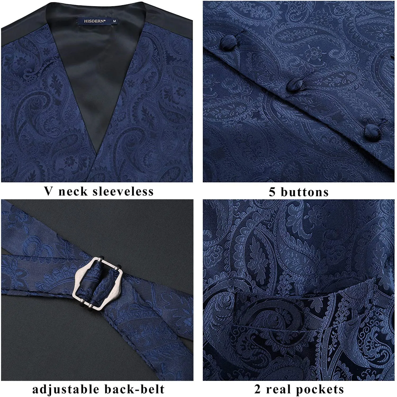 HISDERN Gilet da uomo in jacquard paisley blu navy con cravatta e fazzoletto da taschino - immagine 4