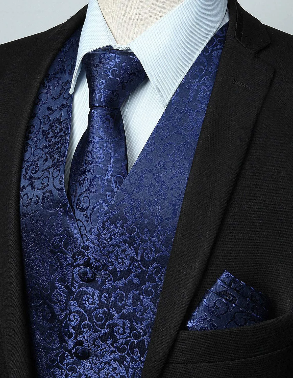HISDERN Set Gilet e Cravatta Jacquard Paisley con Pochette, Blu Marina, XL - immagine 3