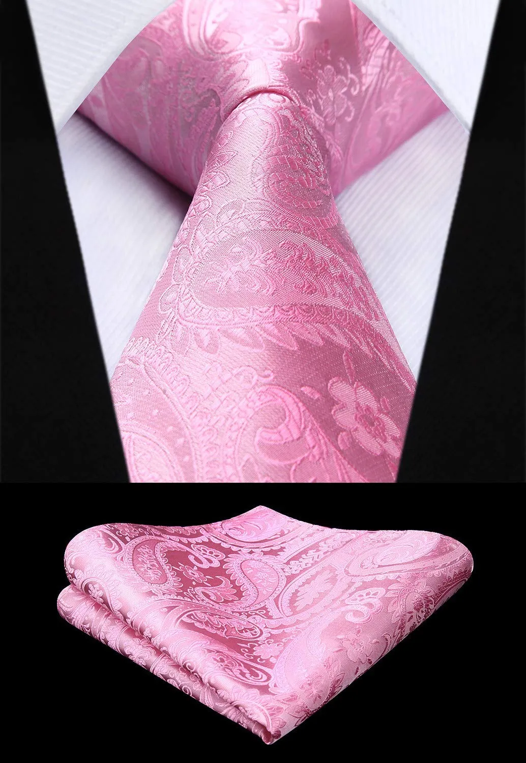 HISDERN Set Gilet da Uomo in Jacquard Paisley con Cravatta e Fazzoletto, Rosa - immagine 2