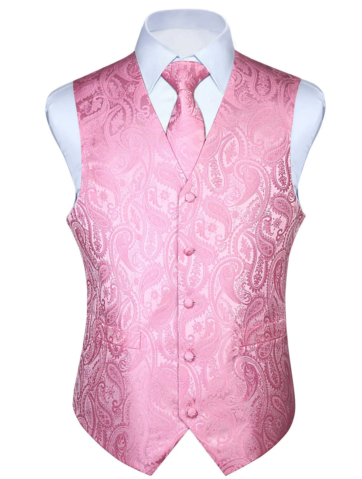 HISDERN Gilet da Uomo Paisley Jacquard con Cravatta e Fazzoletto Rosa - immagine 1