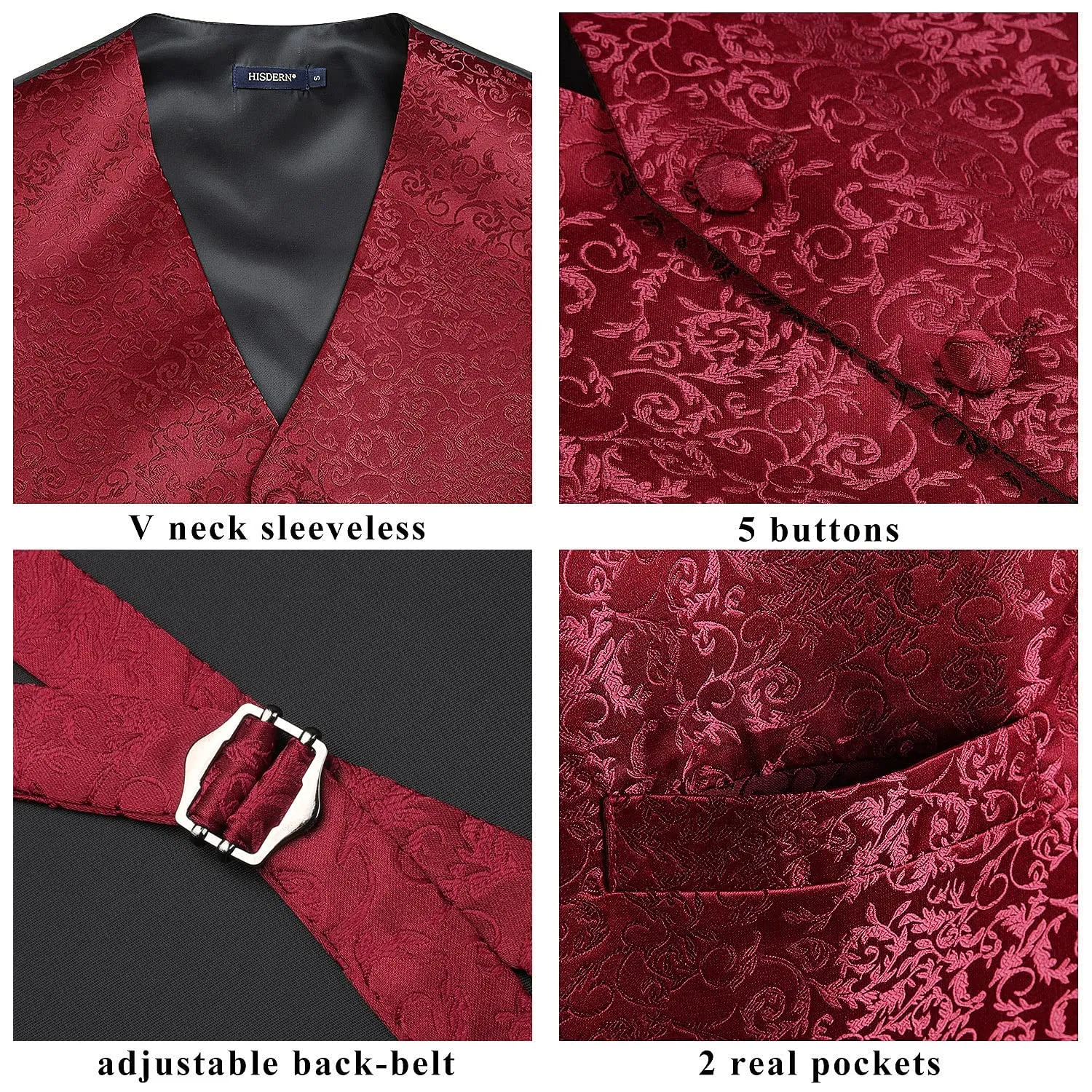 HISDERN Set Gilet e Cravatta Jacquard Paisley Borgogna 2, 5XL - immagine 4