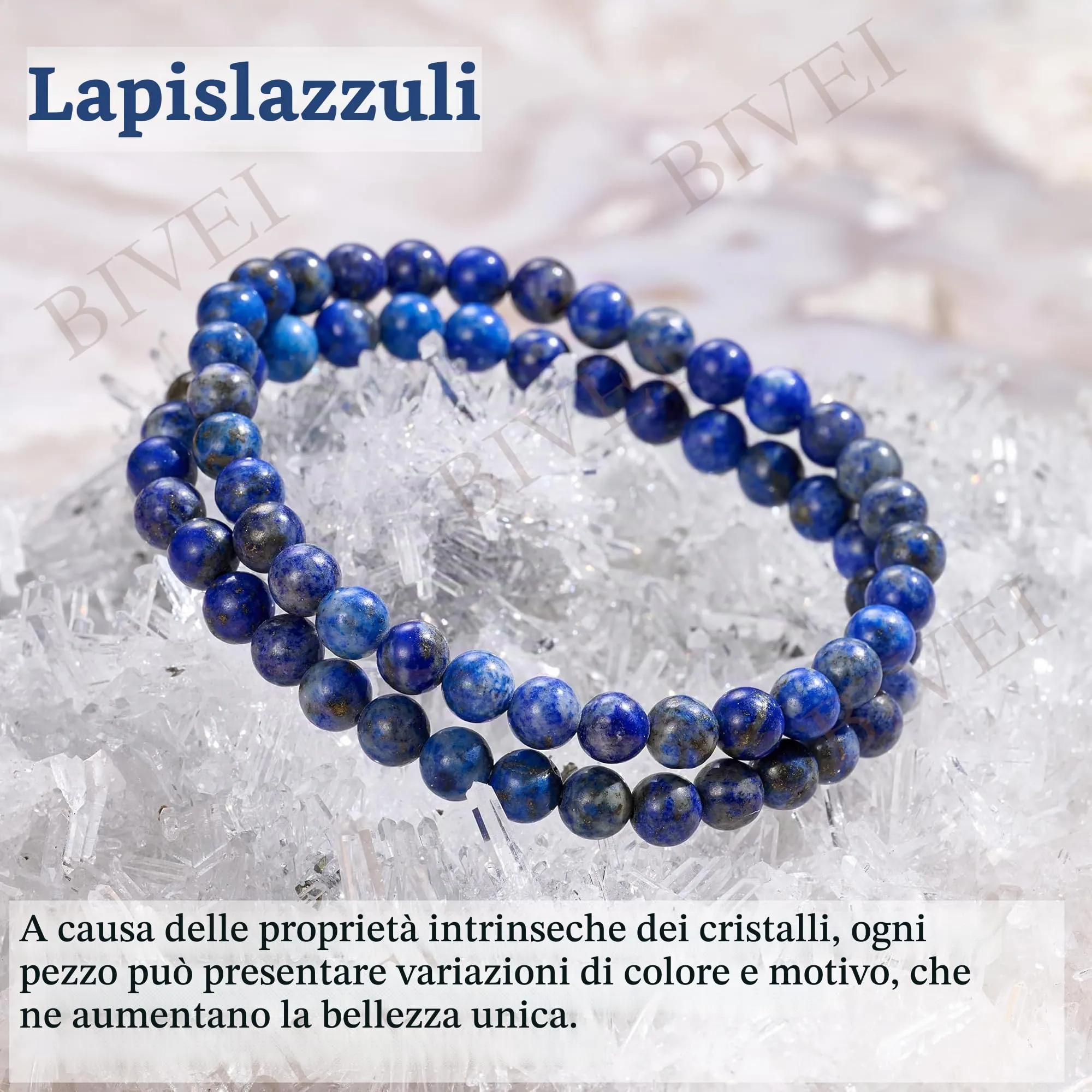 Bivei Braccialetto in Lapislazzuli, Perle di Cristallo Naturale 6mm, Elastico, 18.5cm - immagine 5