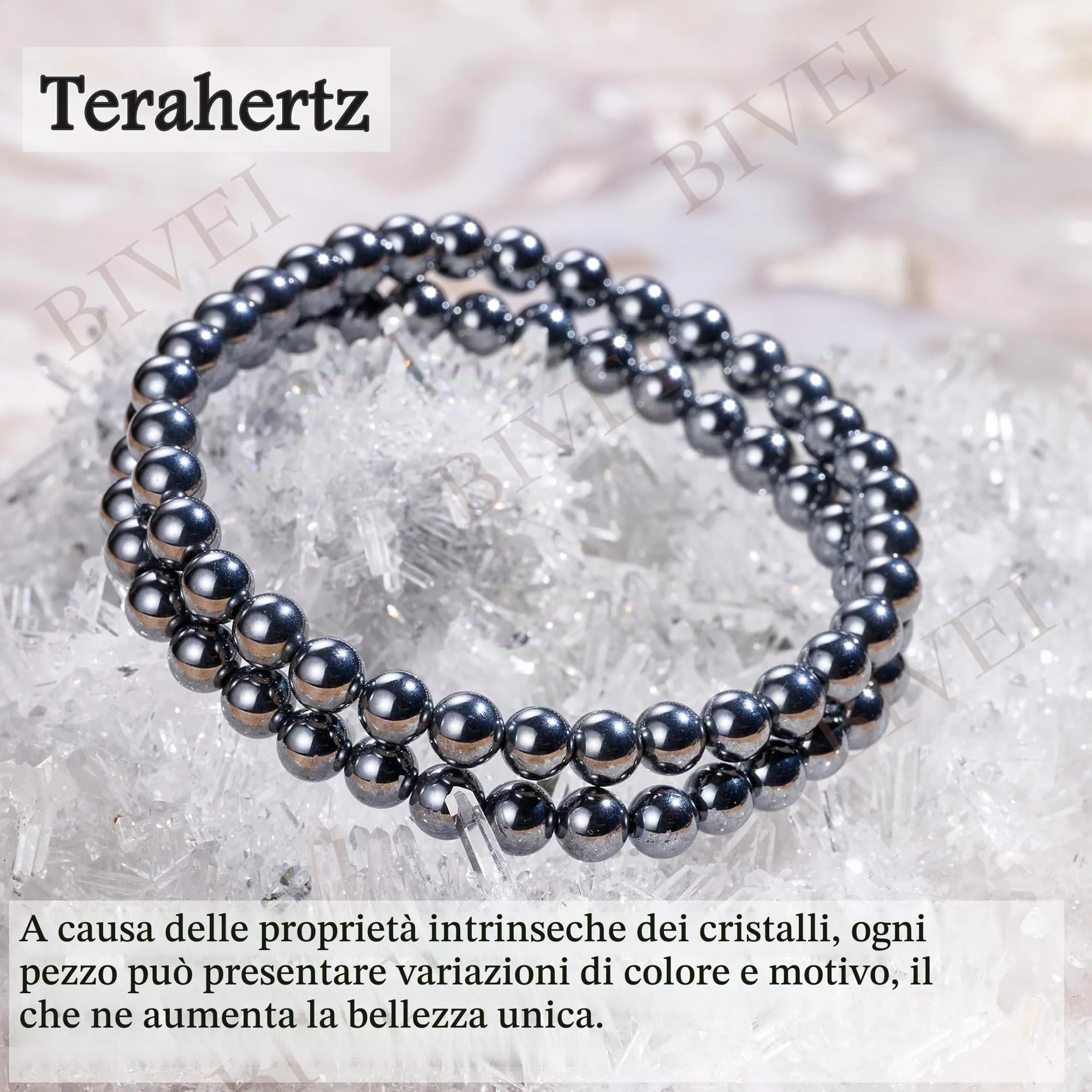 Bivei Braccialetto in Cristallo Naturale Terahertz, Perline 6mm, Elastico, 18.5cm - immagine 5