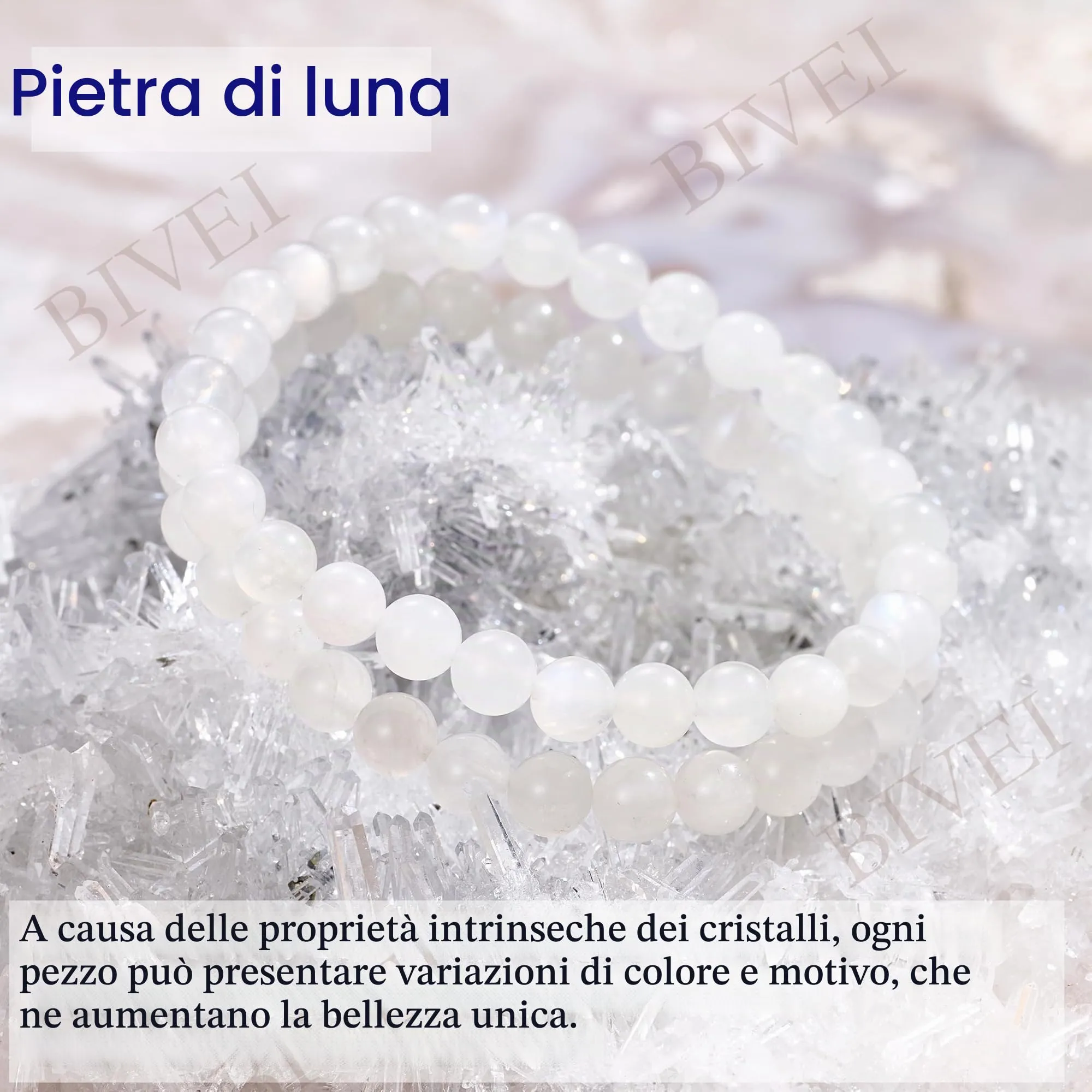 Bivei Braccialetto in Pietra di Luna, Perline 6mm, Cristallo Naturale Elastico - immagine 5