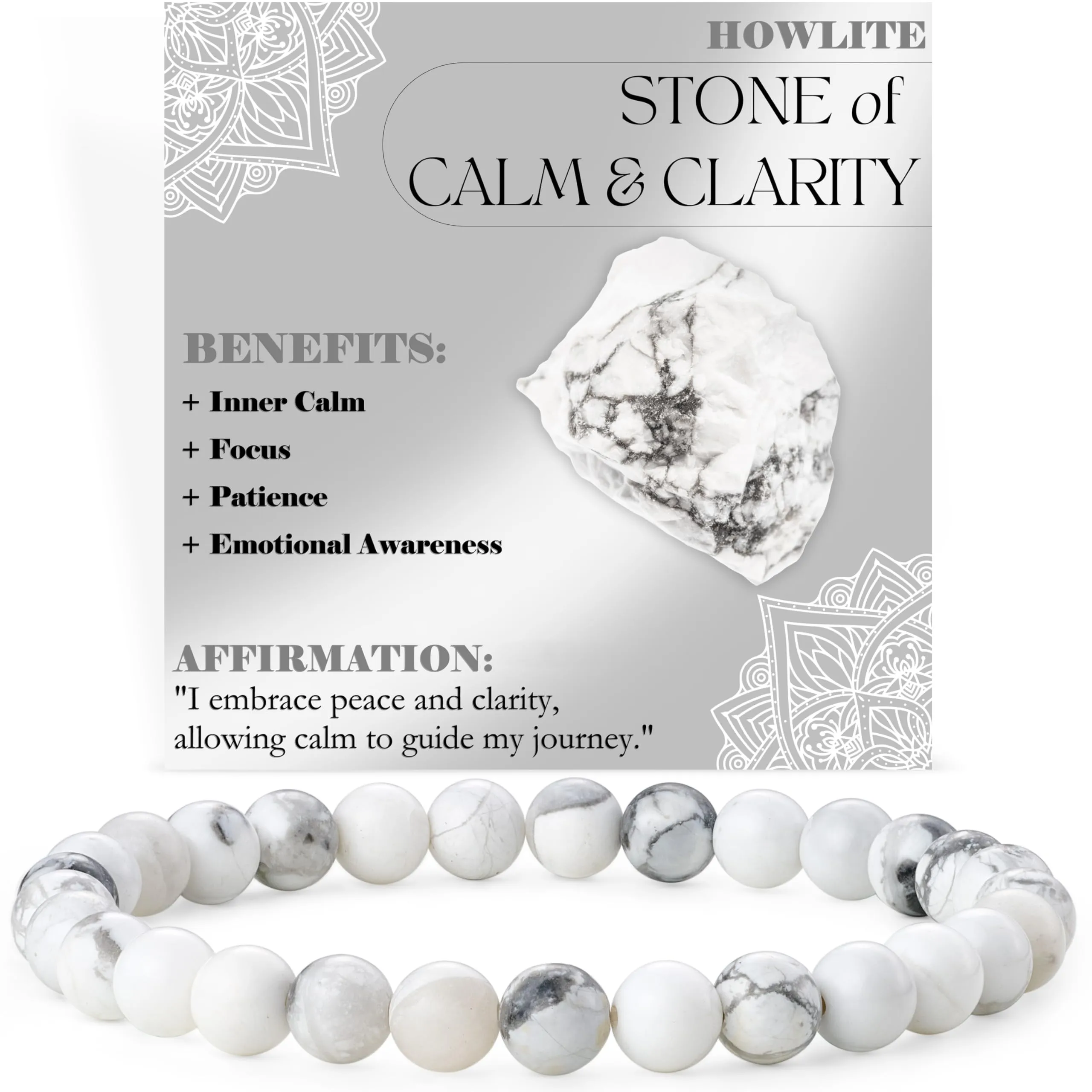 Bivei Braccialetto in Howlite Naturale, Perline 6mm, Elastico, 18.5cm - immagine 1