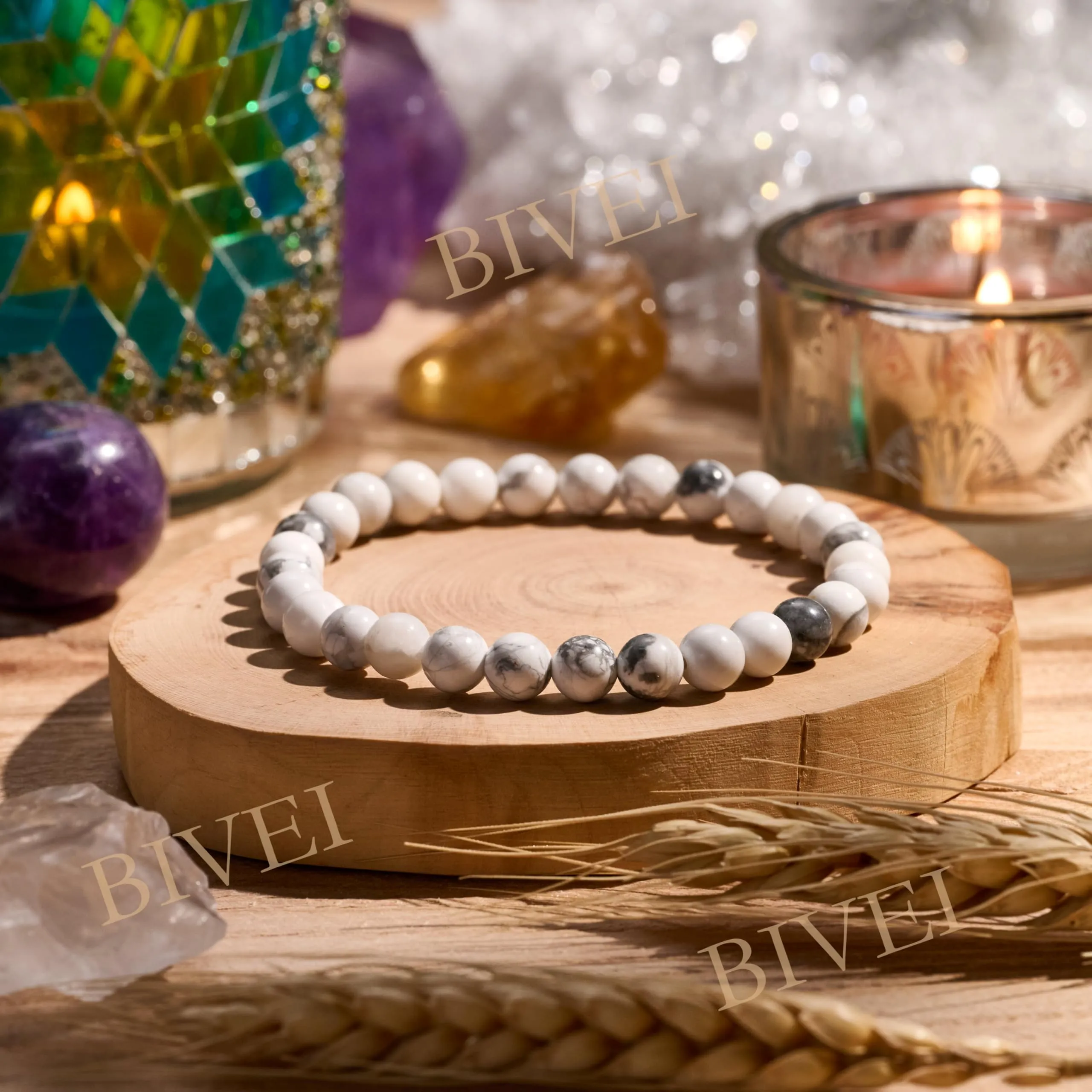 Bivei Braccialetto in Howlite Naturale, Perline 6mm, Elastico, 18.5cm - immagine 4