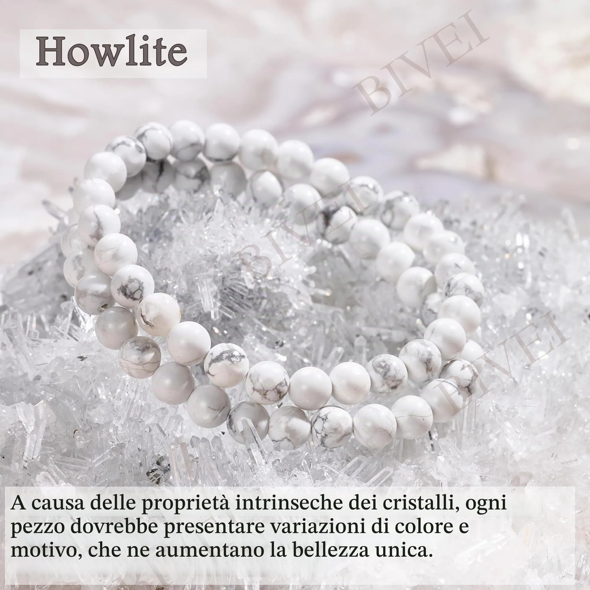 Bivei Braccialetto in Howlite Naturale, Perline 6mm, Elastico, 18.5cm - immagine 5