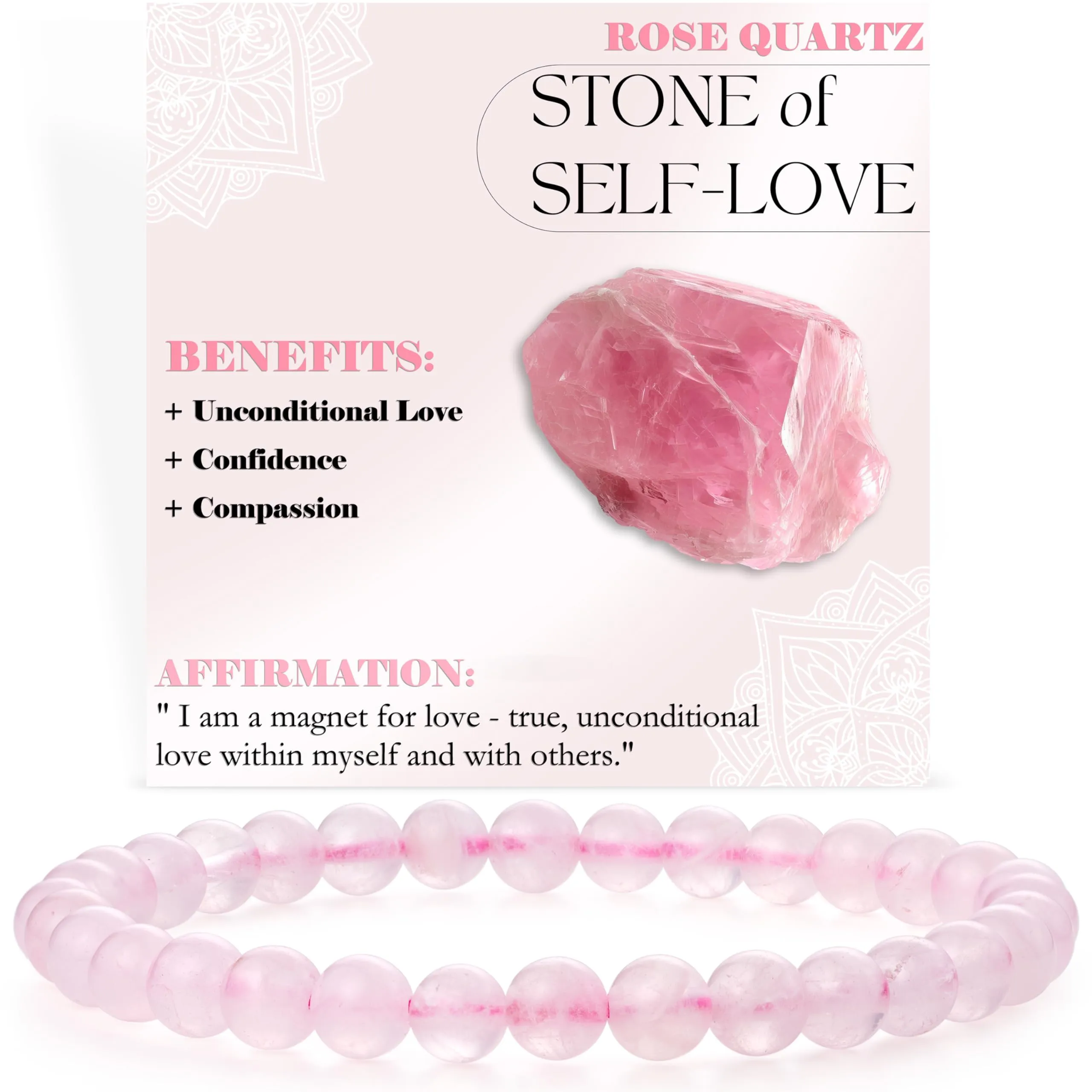 Bivei Braccialetto in Quarzo Rosa, Perline in Cristallo Naturale 6mm, Elastico, 18.5cm - immagine 1
