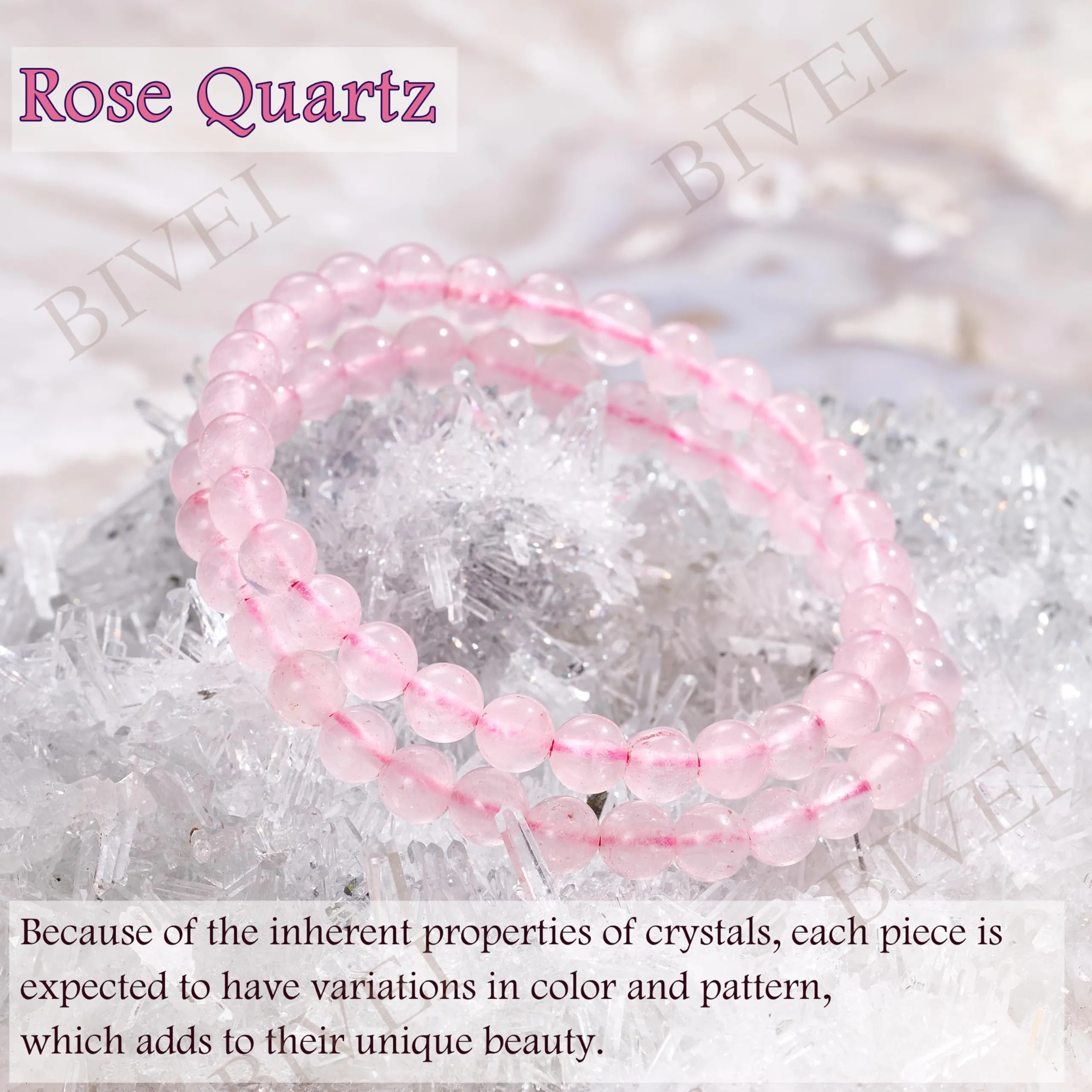 Bivei Braccialetto in Quarzo Rosa, Perline in Cristallo Naturale 6mm, Elastico, 18.5cm - immagine 5