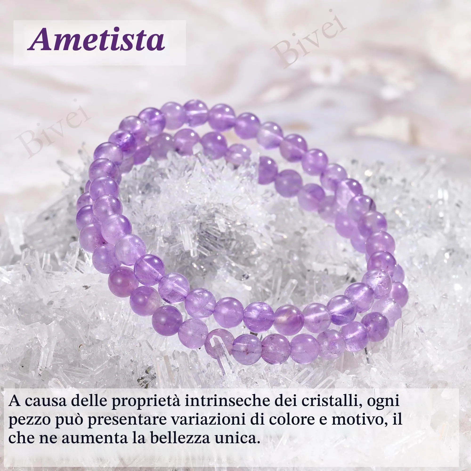 Bivei Braccialetto in Ametista Naturale per Donna, Perle 6mm, Elastico, 18.5cm - immagine 4