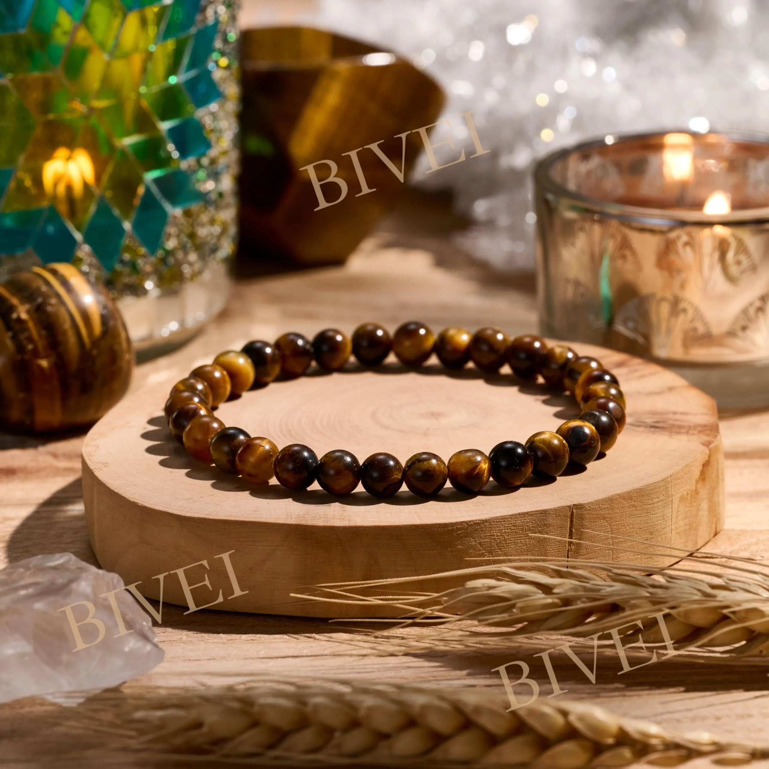 Bivei Braccialetto in Occhio di Tigre, perline 6mm, cristallo naturale elastico, 18.5cm - immagine 5