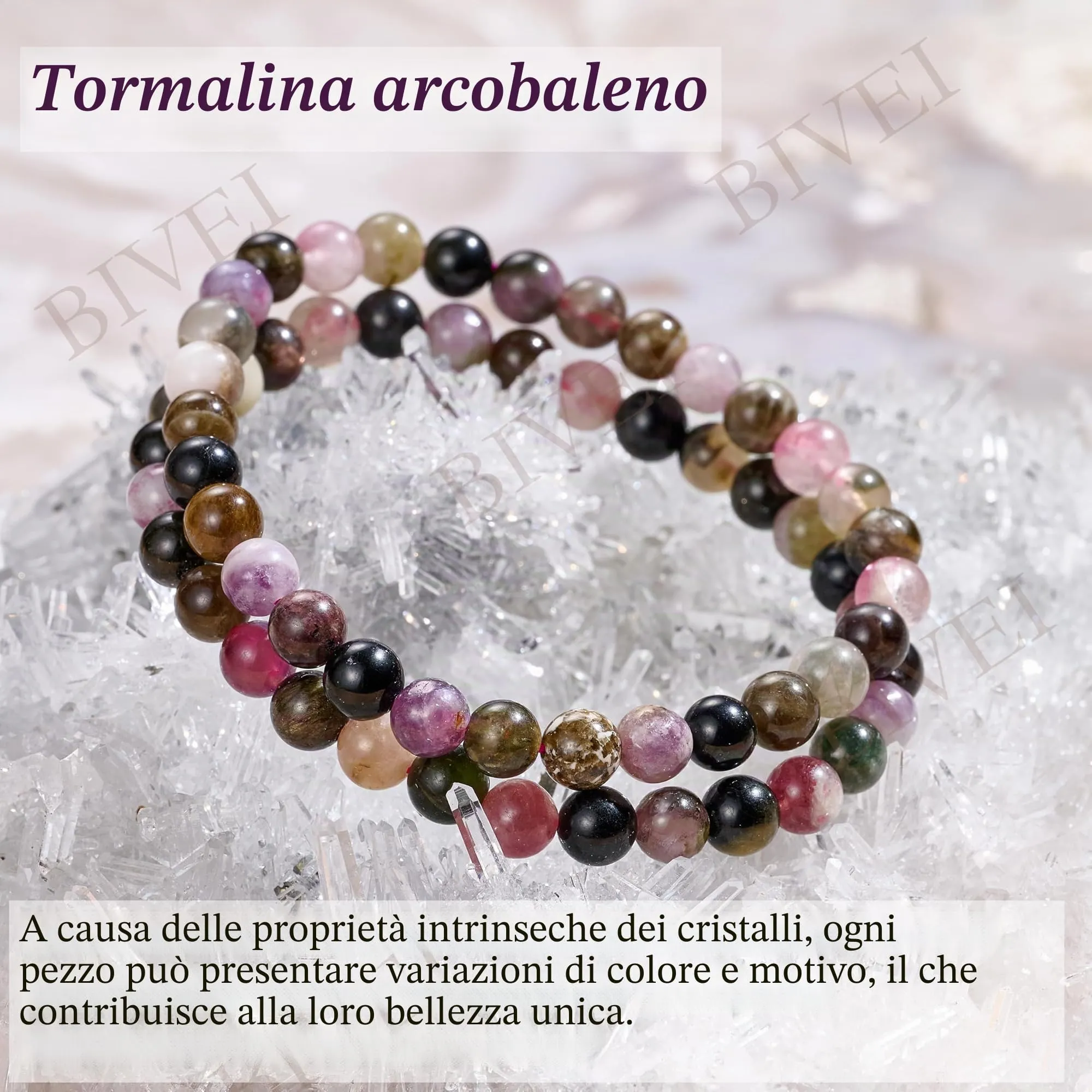 Bivei Braccialetto in Tormalina Arcobaleno, perline 6mm in cristallo naturale elastico, 18.5cm - immagine 5