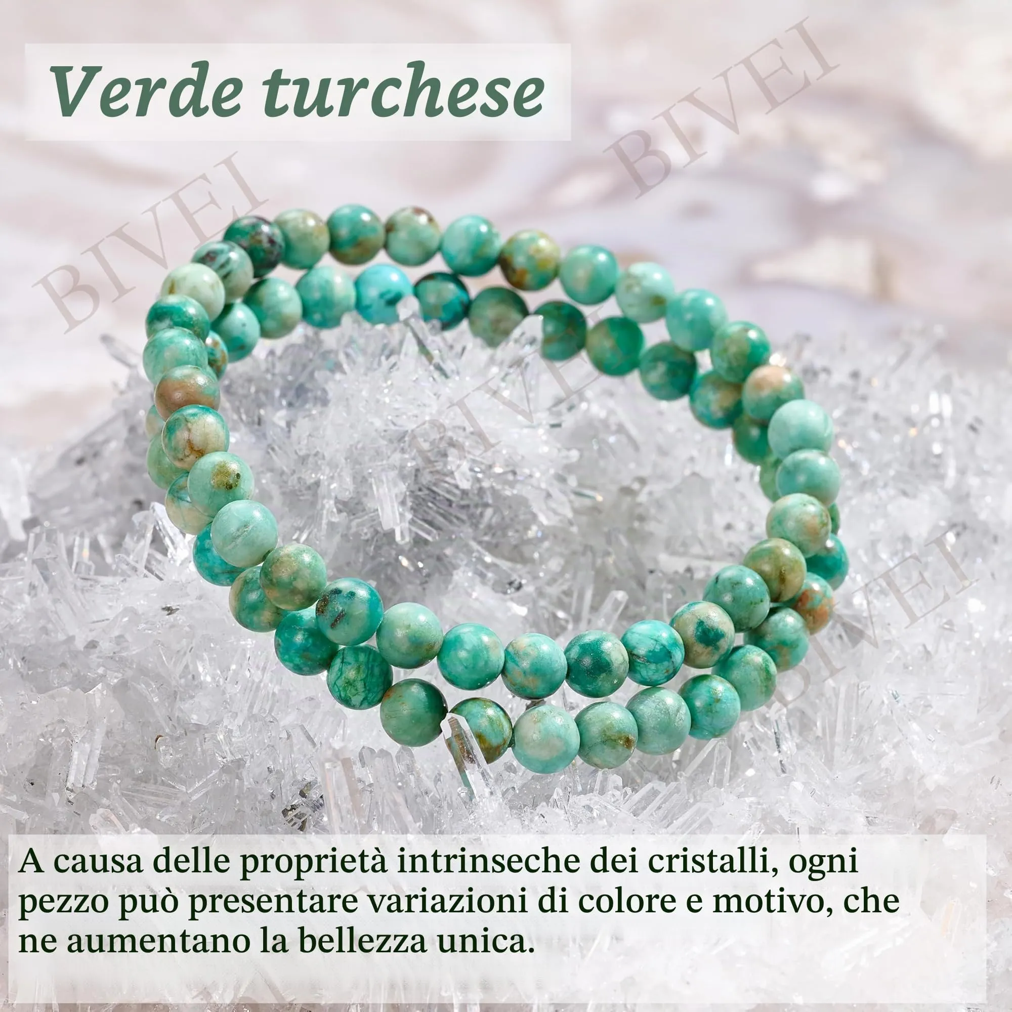 Bivei Braccialetto in Cristallo Naturale Turchese Verde Equilibrio, Perline 6mm, Elastico, 18.5cm - immagine 5