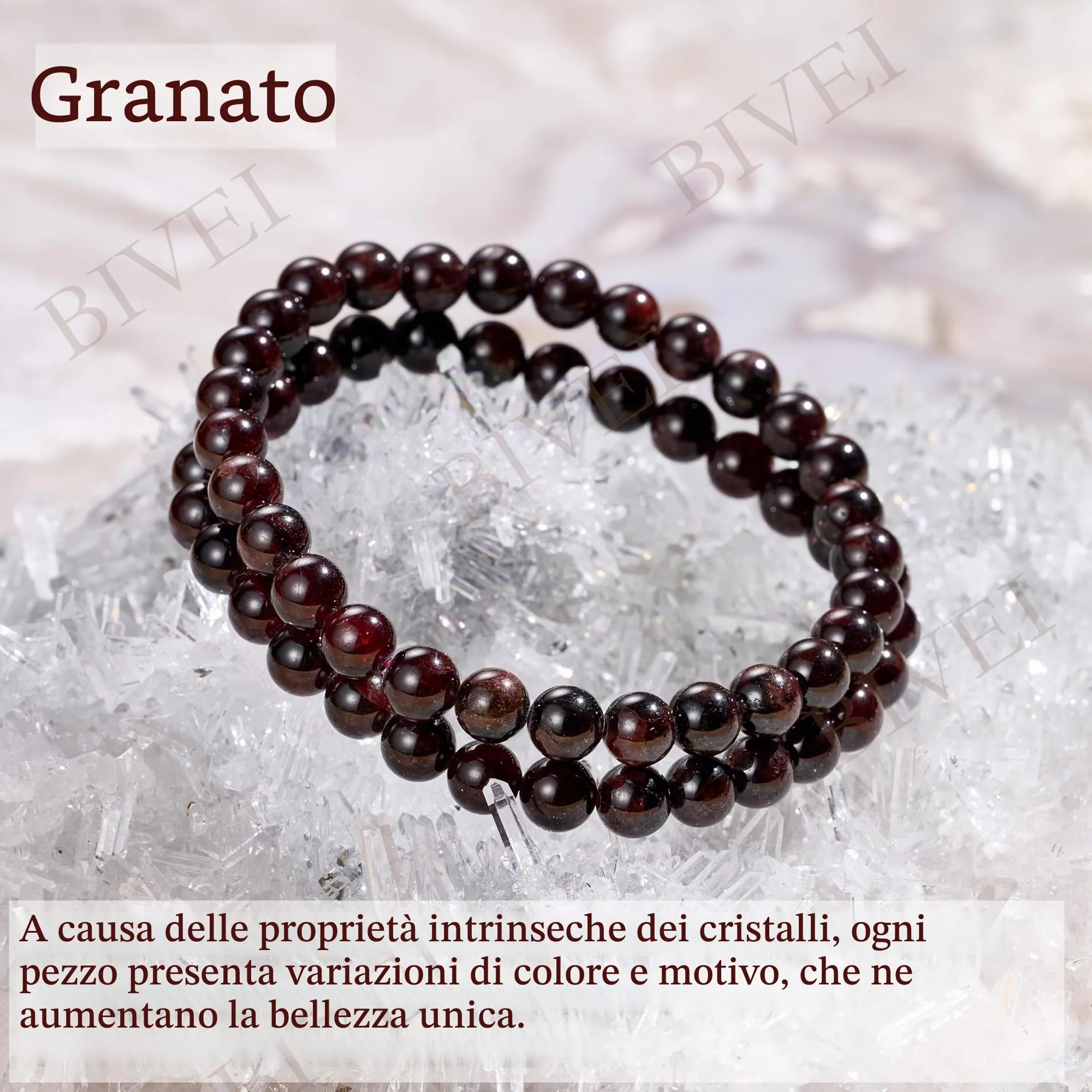 Bivei Braccialetto in Granato, Perline di Cristallo Naturale 6mm, Elastico, 18.5cm - immagine 5