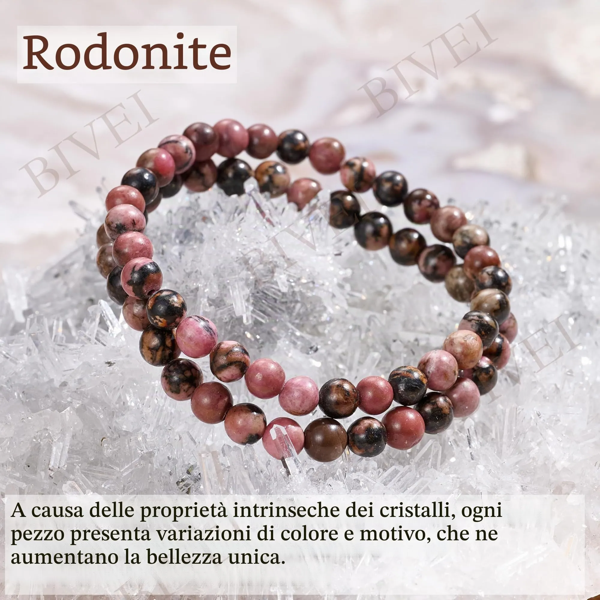 Bivei Braccialetto in Rodonite Naturale, Perline 6mm, Elastico - immagine 4