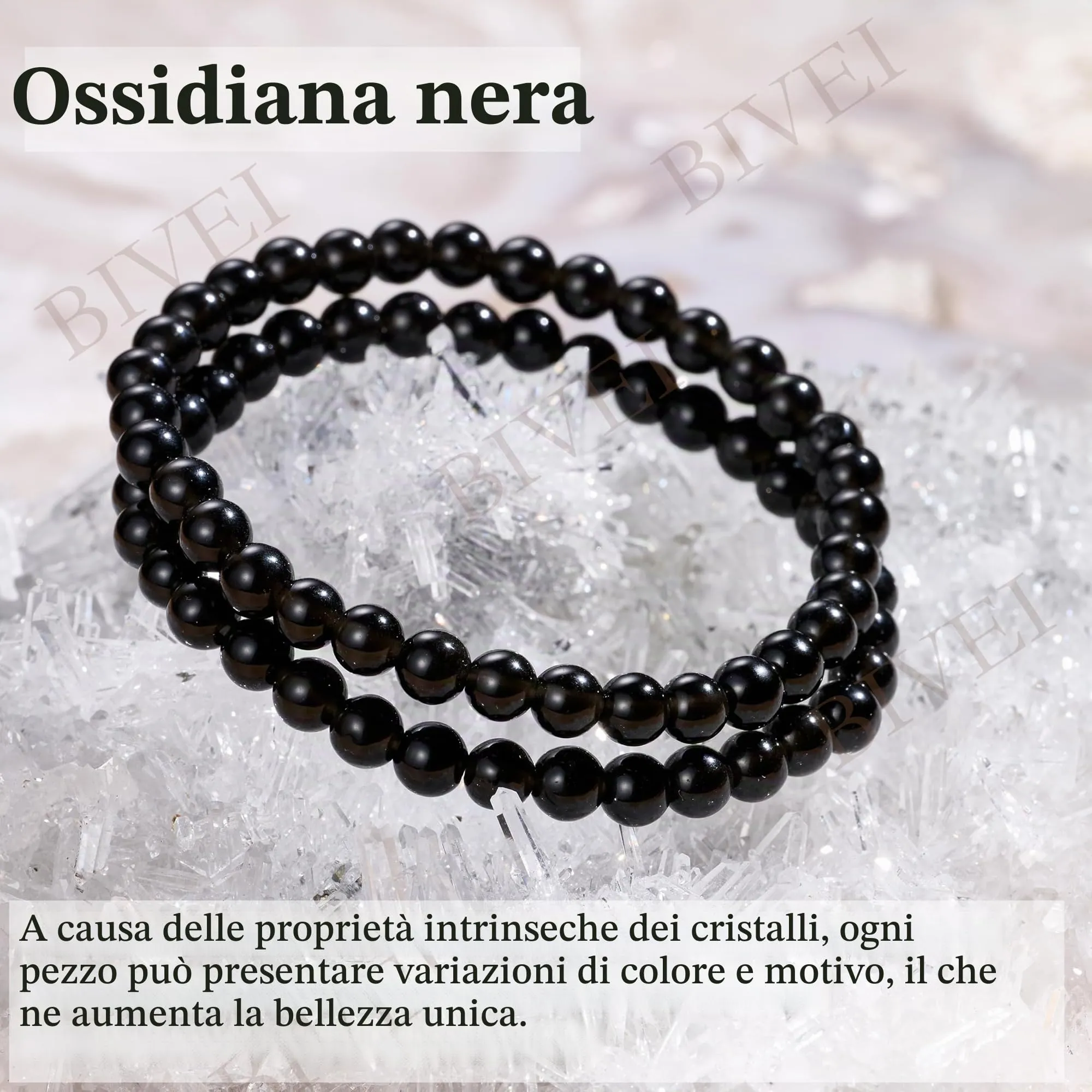 Bivei Braccialetto in Ossidiana Nera, Perle in Cristallo Naturale 6mm, Elastico, 18.5cm - immagine 5