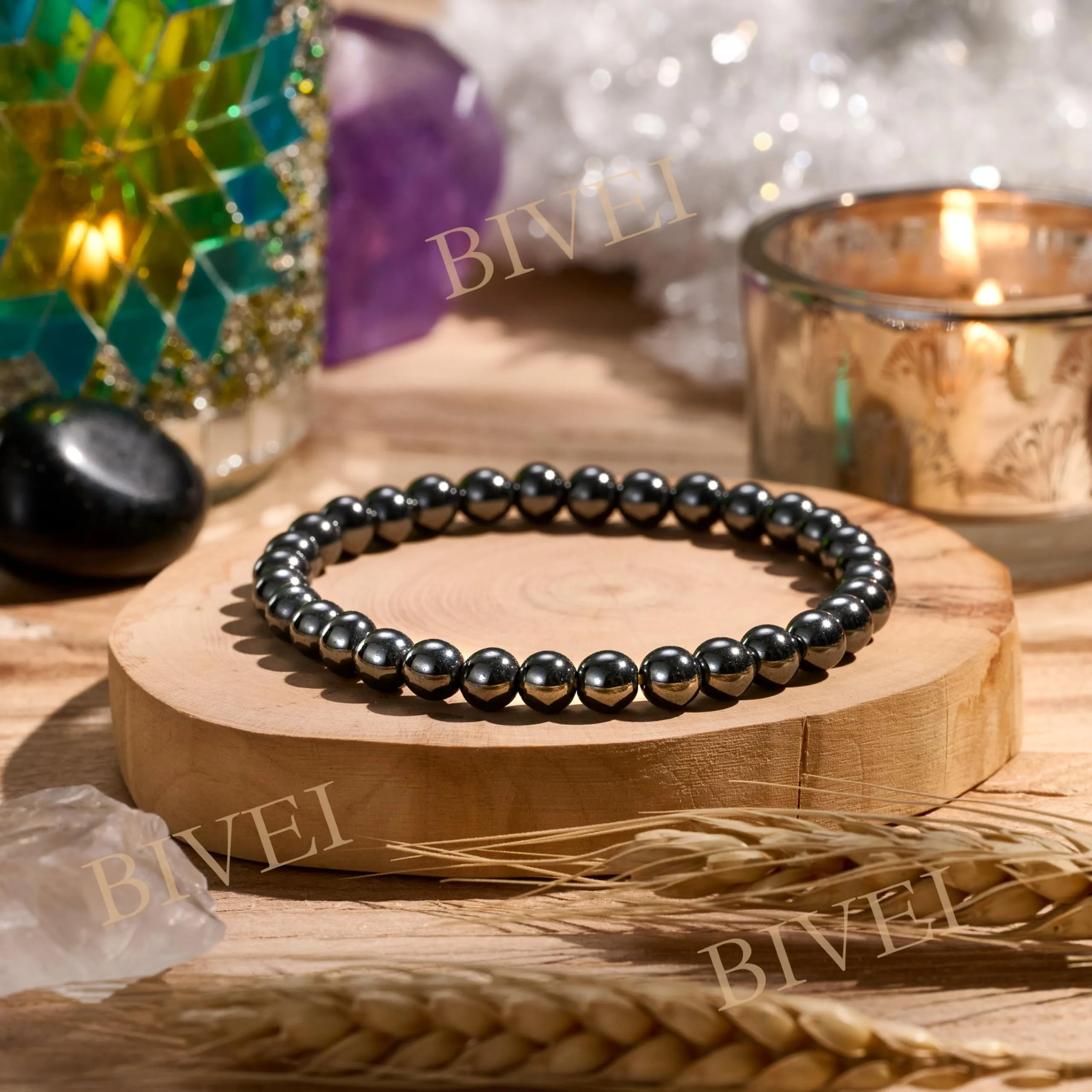 Bivei Braccialetto in Ematite naturale, perle 6mm, elastico, 18.5cm - immagine 4